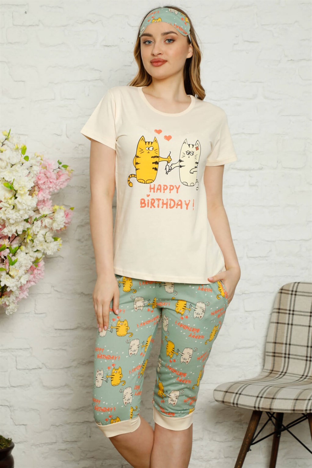 Akbeniz Kadın %100 Pamuk Penye Kısa Kol Kapri Pijama Takım 3546