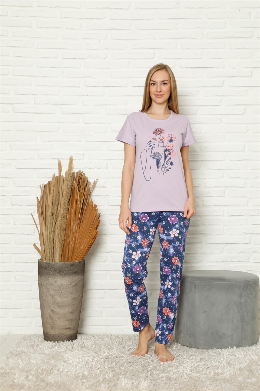 Akbeniz Kadın %100 Pamuk Penye Kısa Kol Pijama Takım 3439