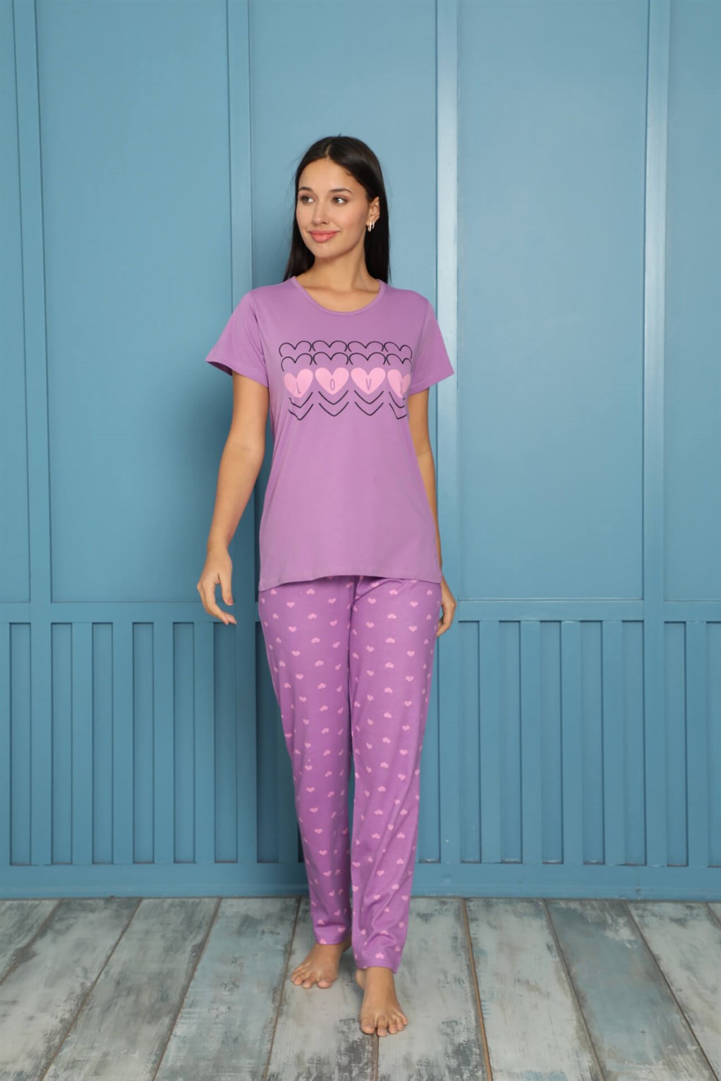 Akbeniz Kadın %100 Pamuk Penye Kısa Kol Pijama Takım 3451