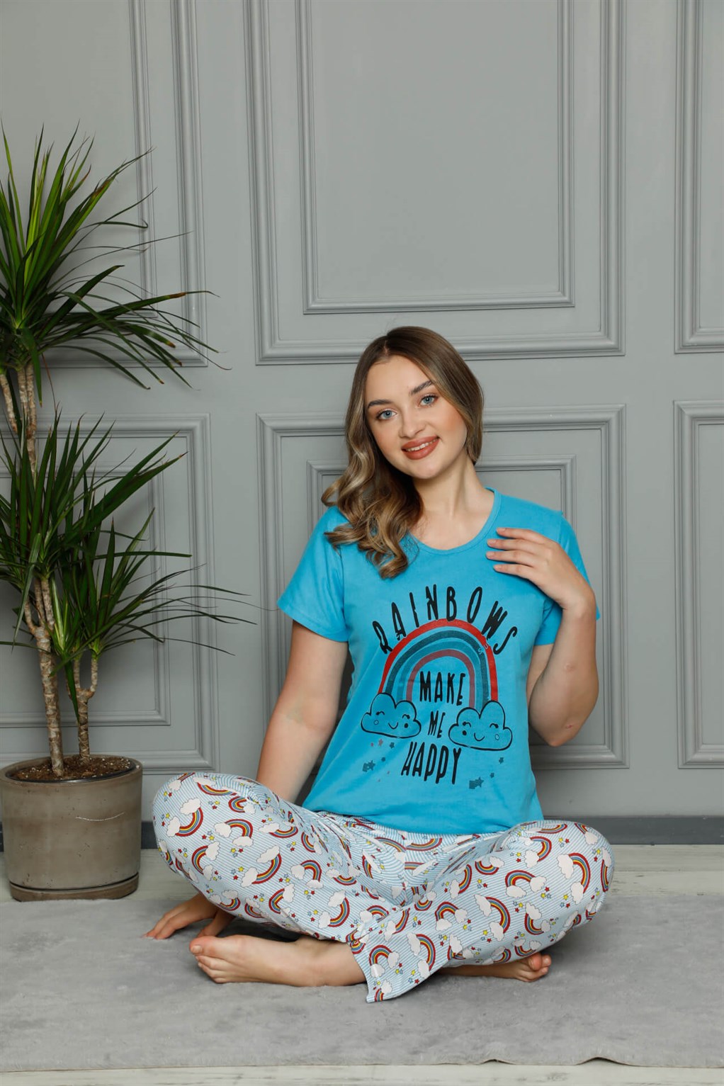 Akbeniz Kadın %100 Pamuk Penye Kısa Kol Pijama Takım 3384