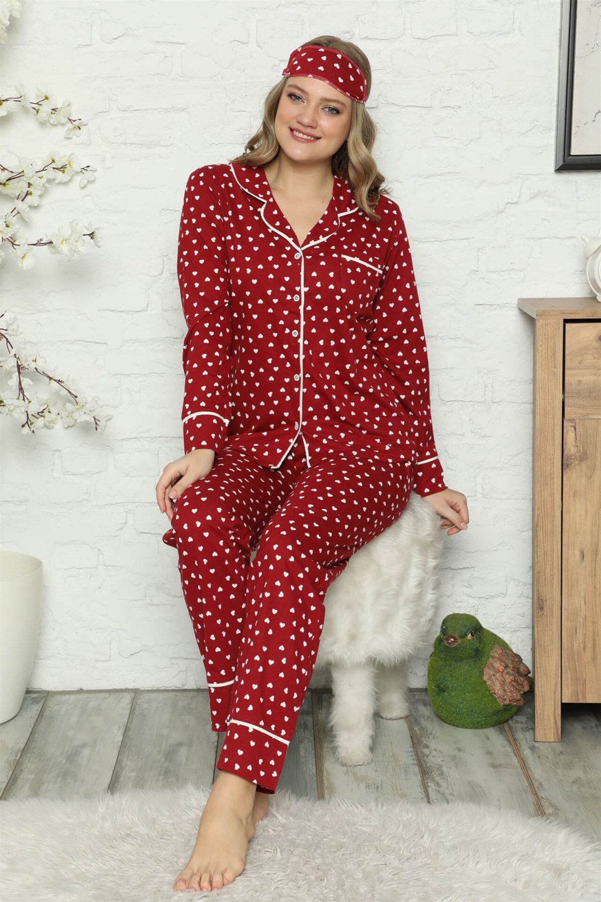 Akbeniz Kadın %100 Pamuk Penye Önden Düğmeli Uzun Kol Pijama Takım 2729