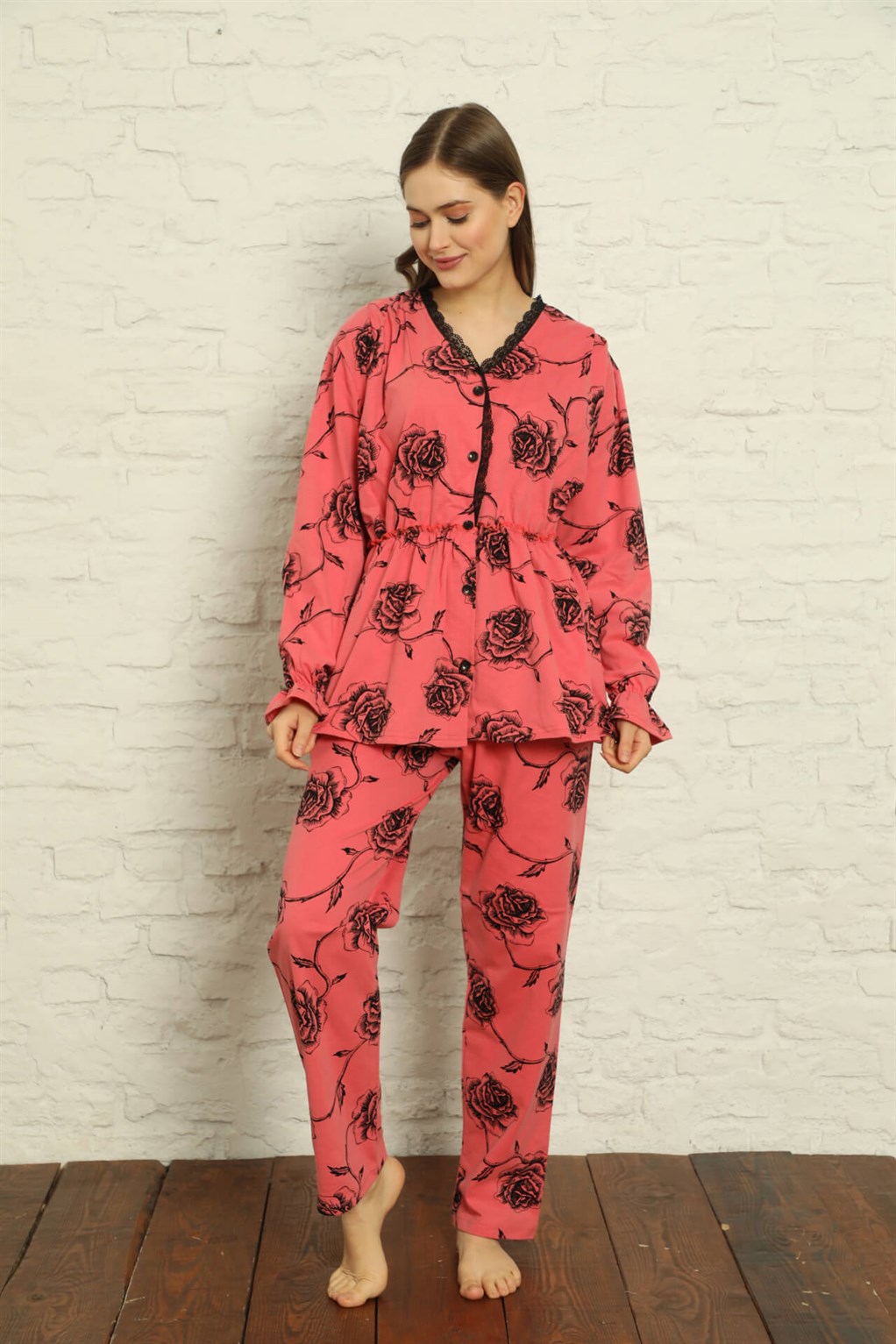 Akbeniz Kadın %100 Pamuk Penye Pileli Pijama Takım 17107