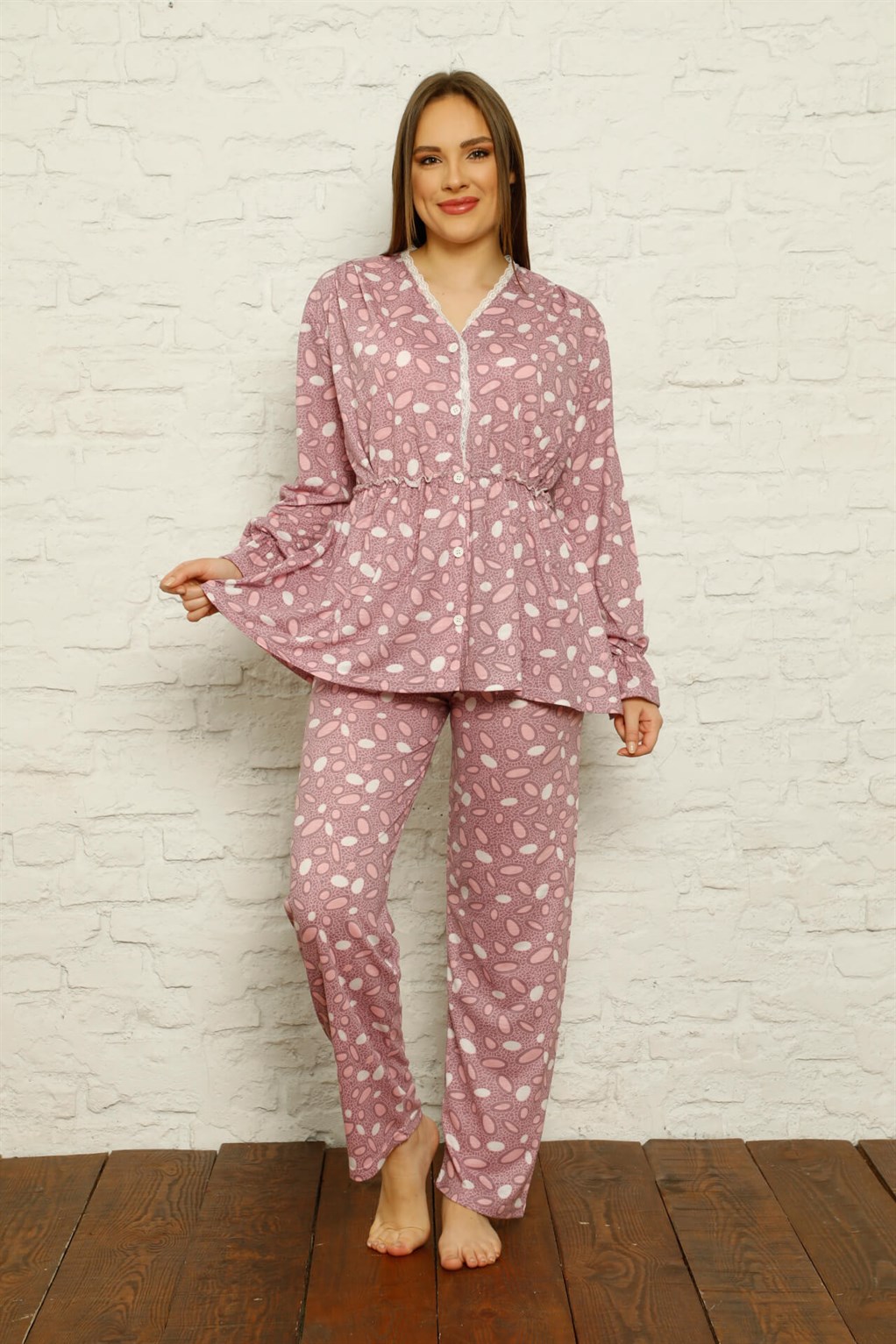 Akbeniz Kadın %100 Pamuk Penye Pileli Pijama Takım 17102