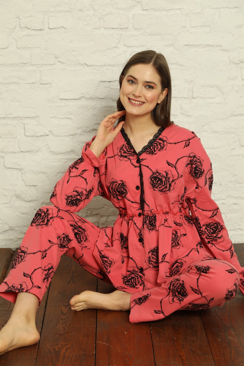 Akbeniz Kadın %100 Pamuk Penye Pileli Pijama Takım 17107