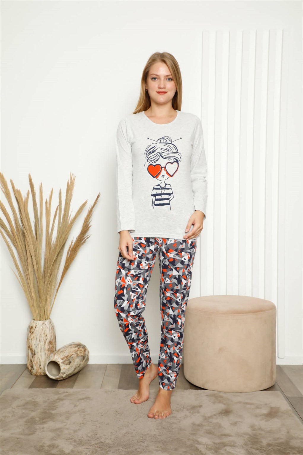 Akbeniz Kadın %100 Pamuk Penye Uzun Kol Pijama Takım 3410