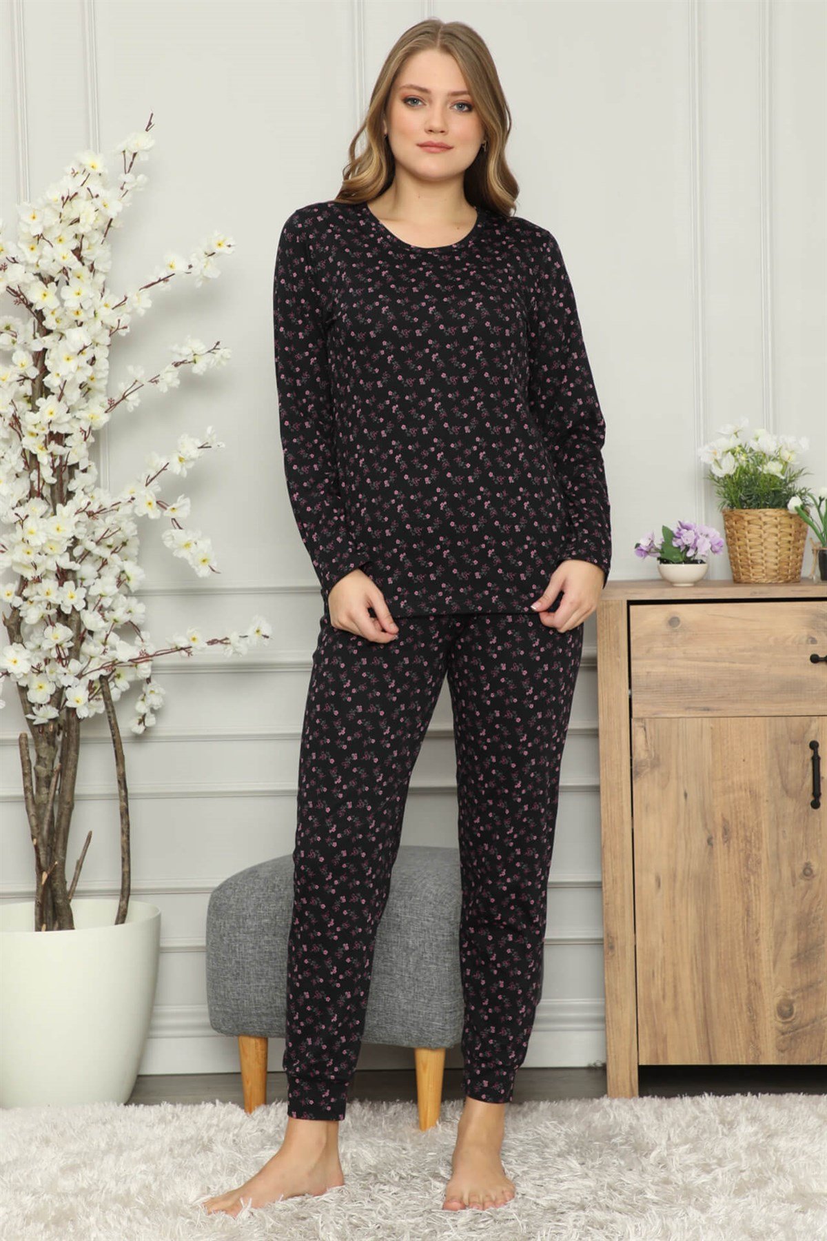 Akbeniz Kadın %100 Pamuk Penye Uzun Kol Pijama Takım 2704