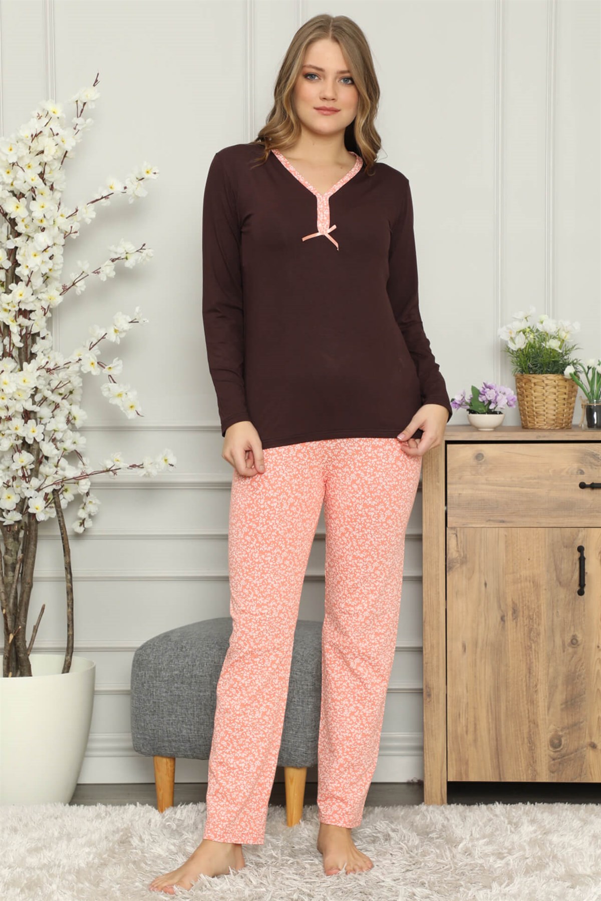 Akbeniz Kadın %100 Pamuk Penye Uzun Kol Pijama Takım 2700