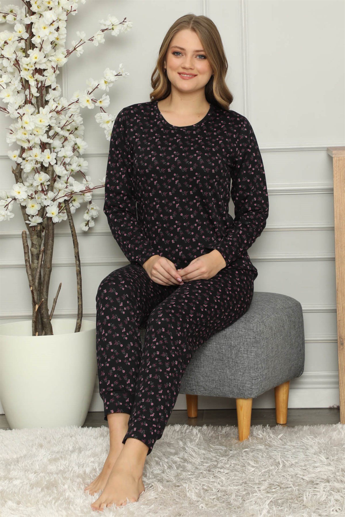 Akbeniz Kadın %100 Pamuk Penye Uzun Kol Pijama Takım 2704