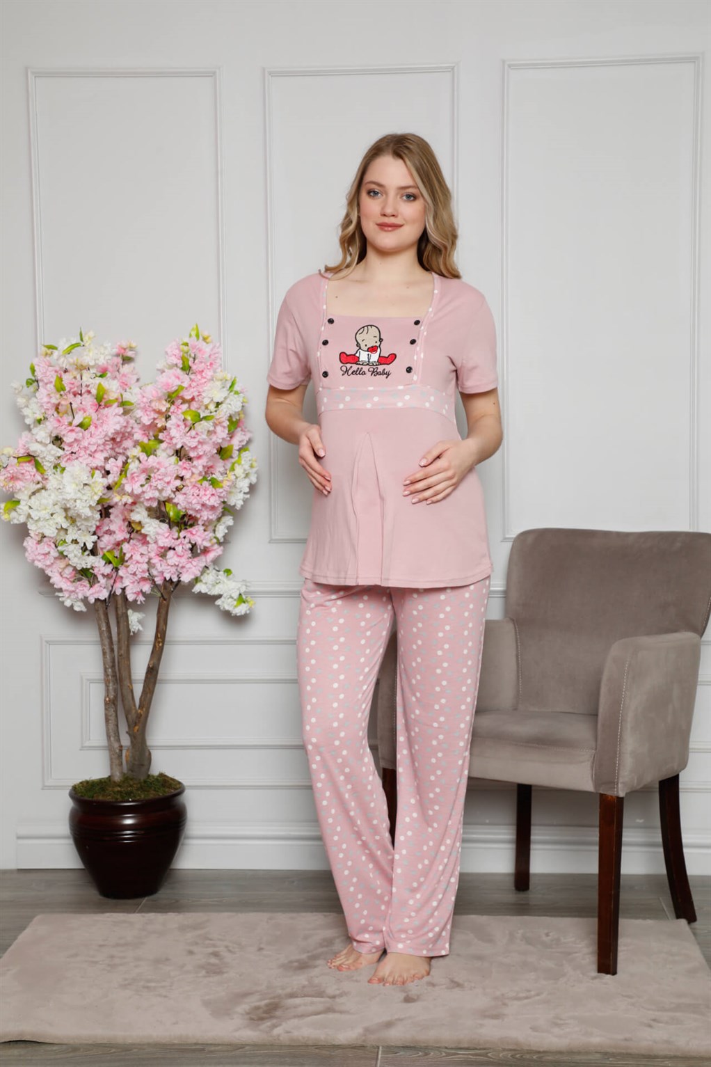 Akbeniz Kadın %100 Pamuklu Hamile Pijama Takımı 4508