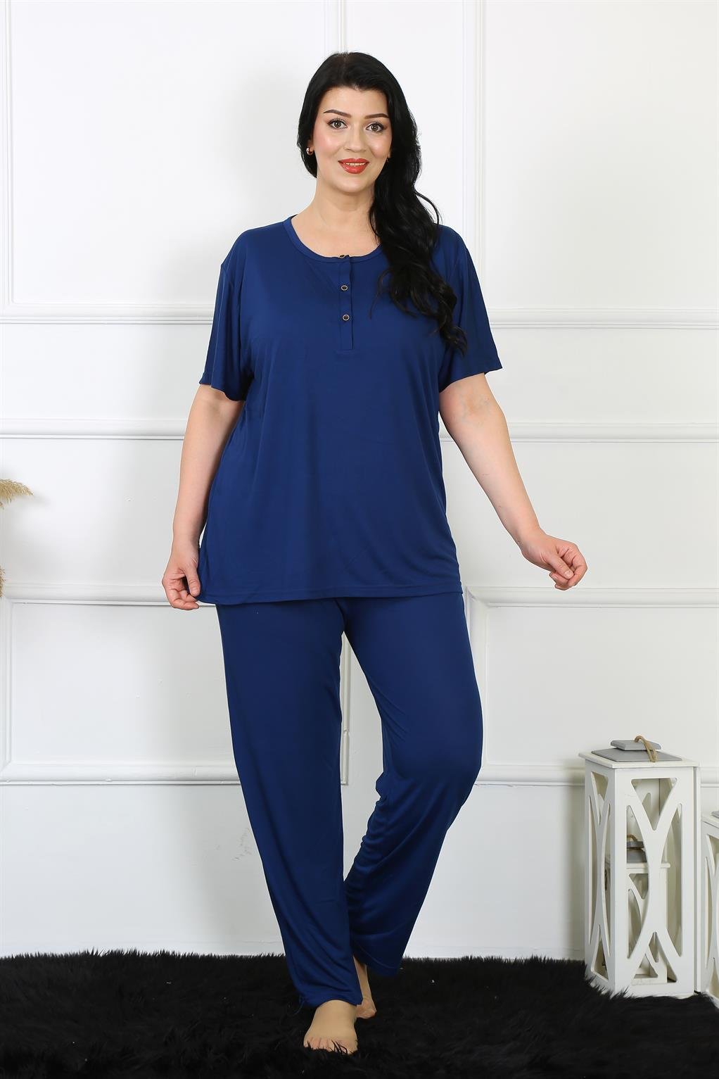 Akbeniz Kadın 5XL-6XL-7XL-8XL Büyük Beden Lacivert Kısa Kol Pijama Takım 75012