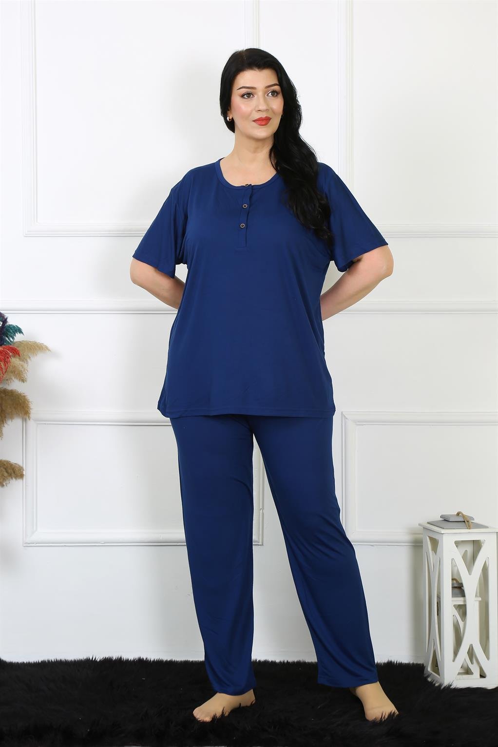 Akbeniz Kadın 5XL-6XL-7XL-8XL Büyük Beden Lacivert Kısa Kol Pijama Takım 75012