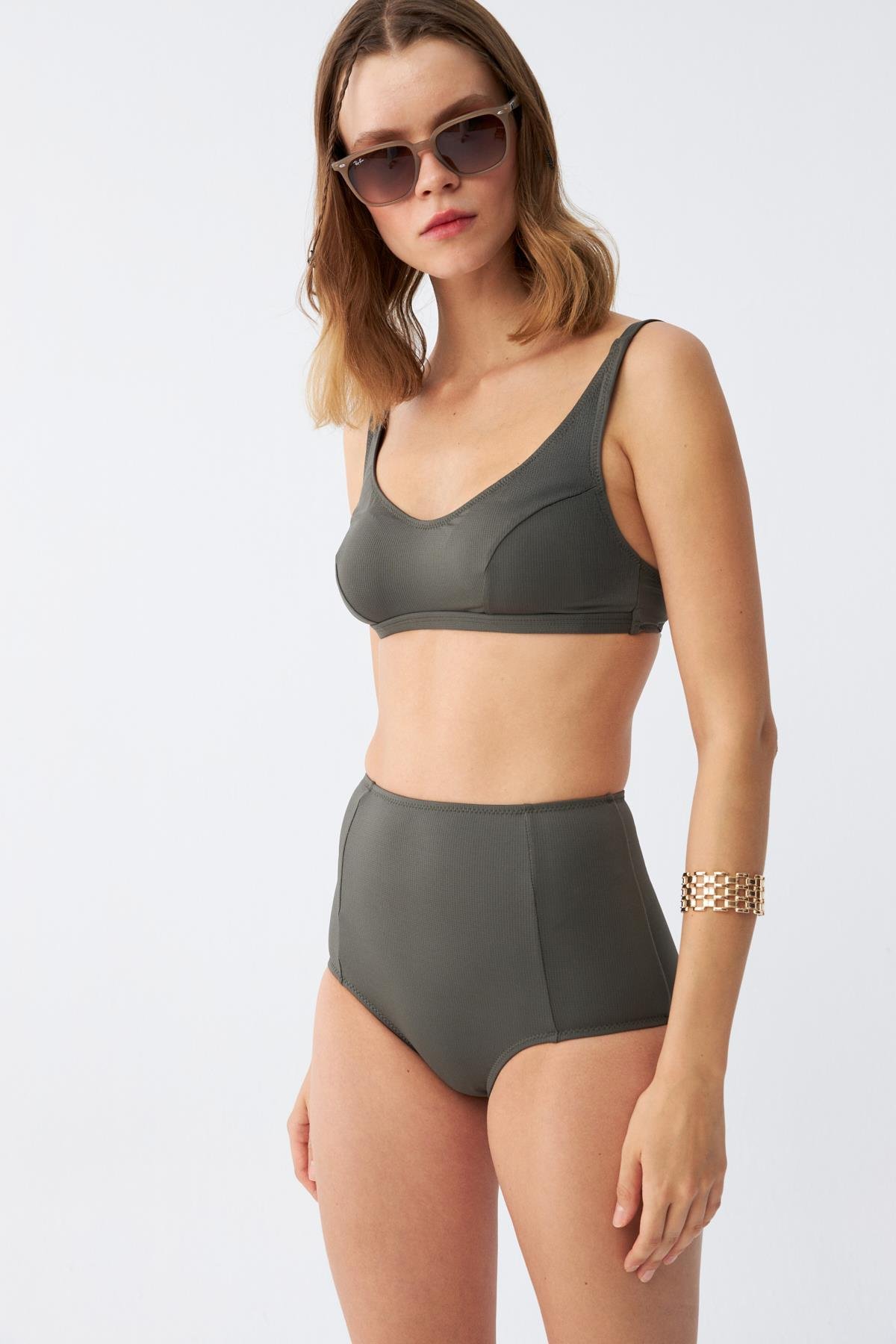 Akbeniz Kadın Basic Haki Pedli Yüksek Bel Bikini Takımı