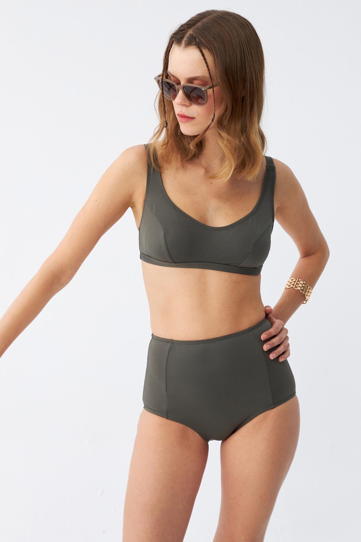 Akbeniz Kadın Basic Haki Pedli Yüksek Bel Bikini Takımı