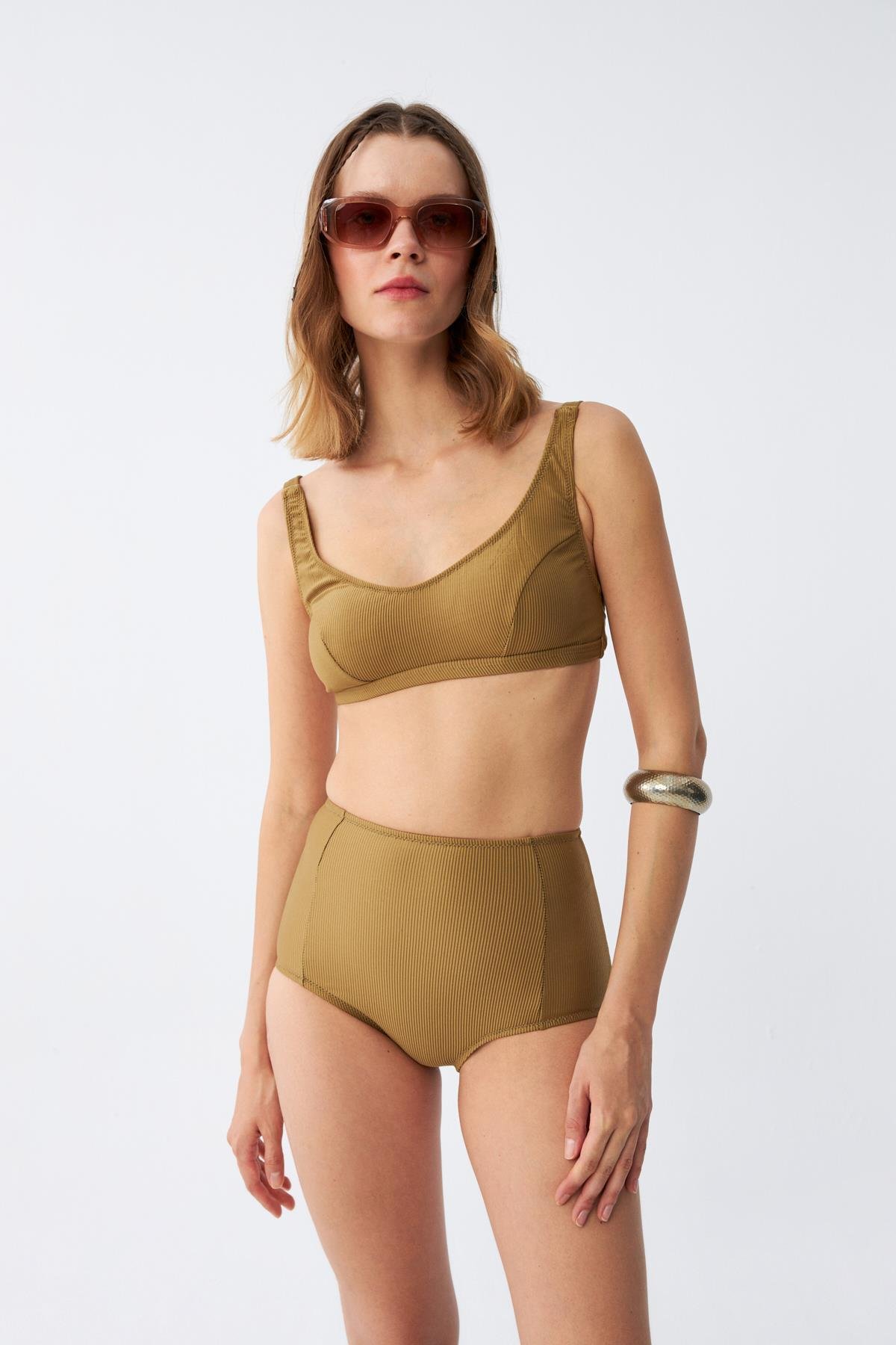 Akbeniz Kadın Basic Hardal Pedli Yüksek Bel Bikini Takımı