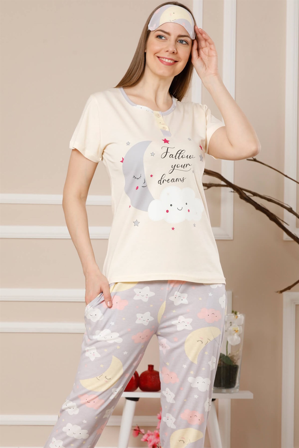 Akbeniz Kadın Bej Pamuklu Cepli Kısa Kol Ribana Paça Pijama Takım 2515