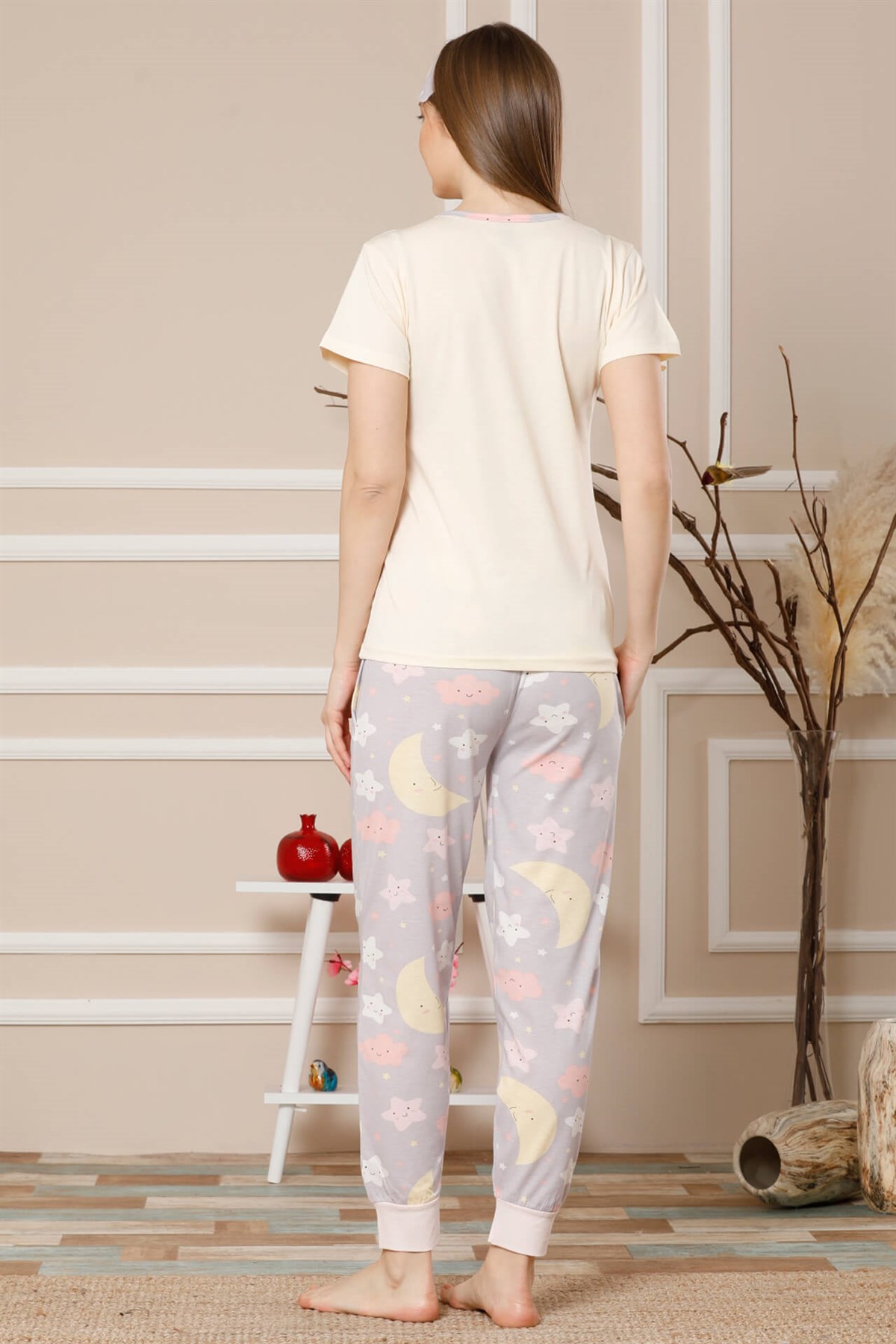 Akbeniz Kadın Bej Pamuklu Cepli Kısa Kol Ribana Paça Pijama Takım 2515