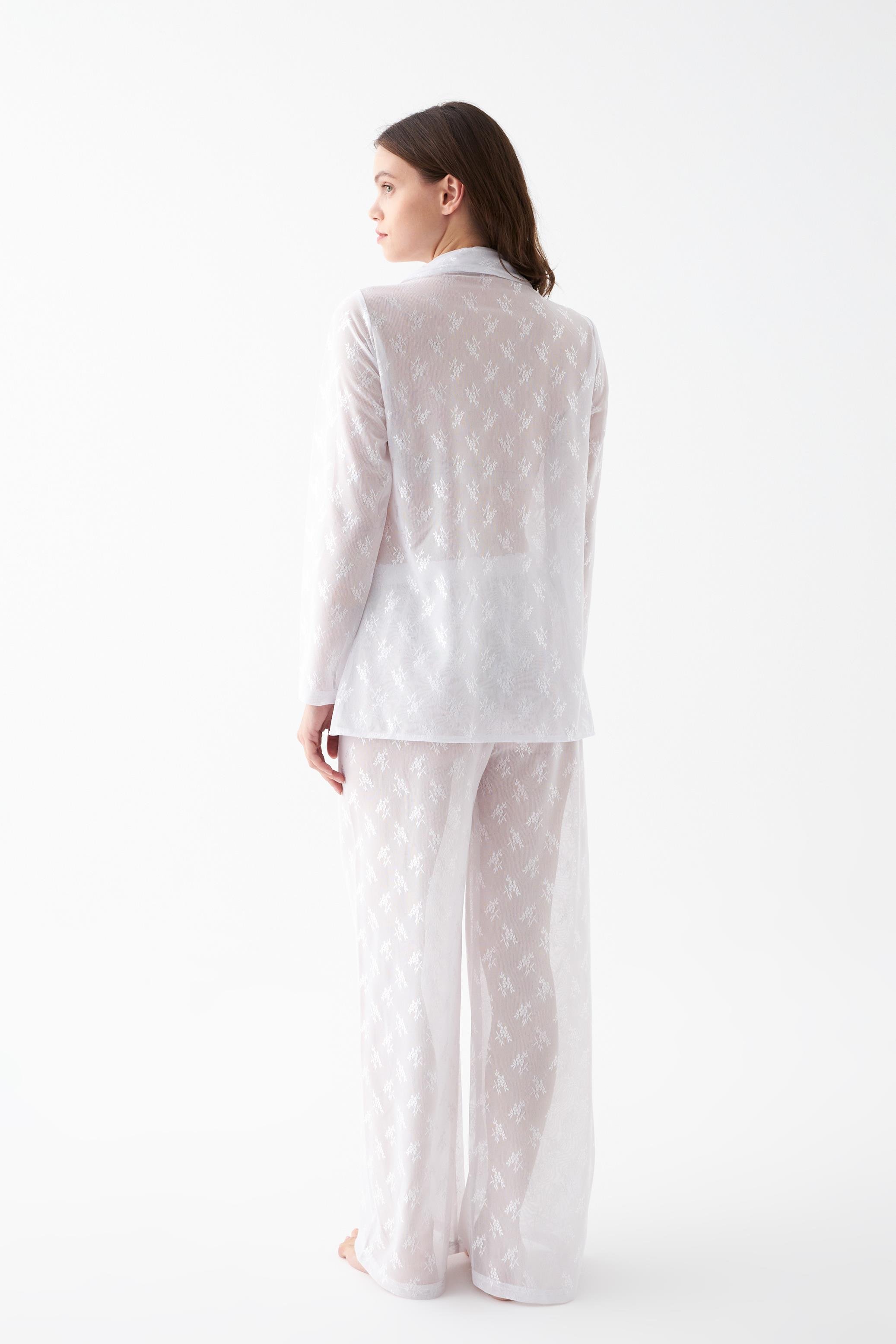 Akbeniz Kadın Beyaz Şeffaf Jakar Düğmeli Pijama Takımı