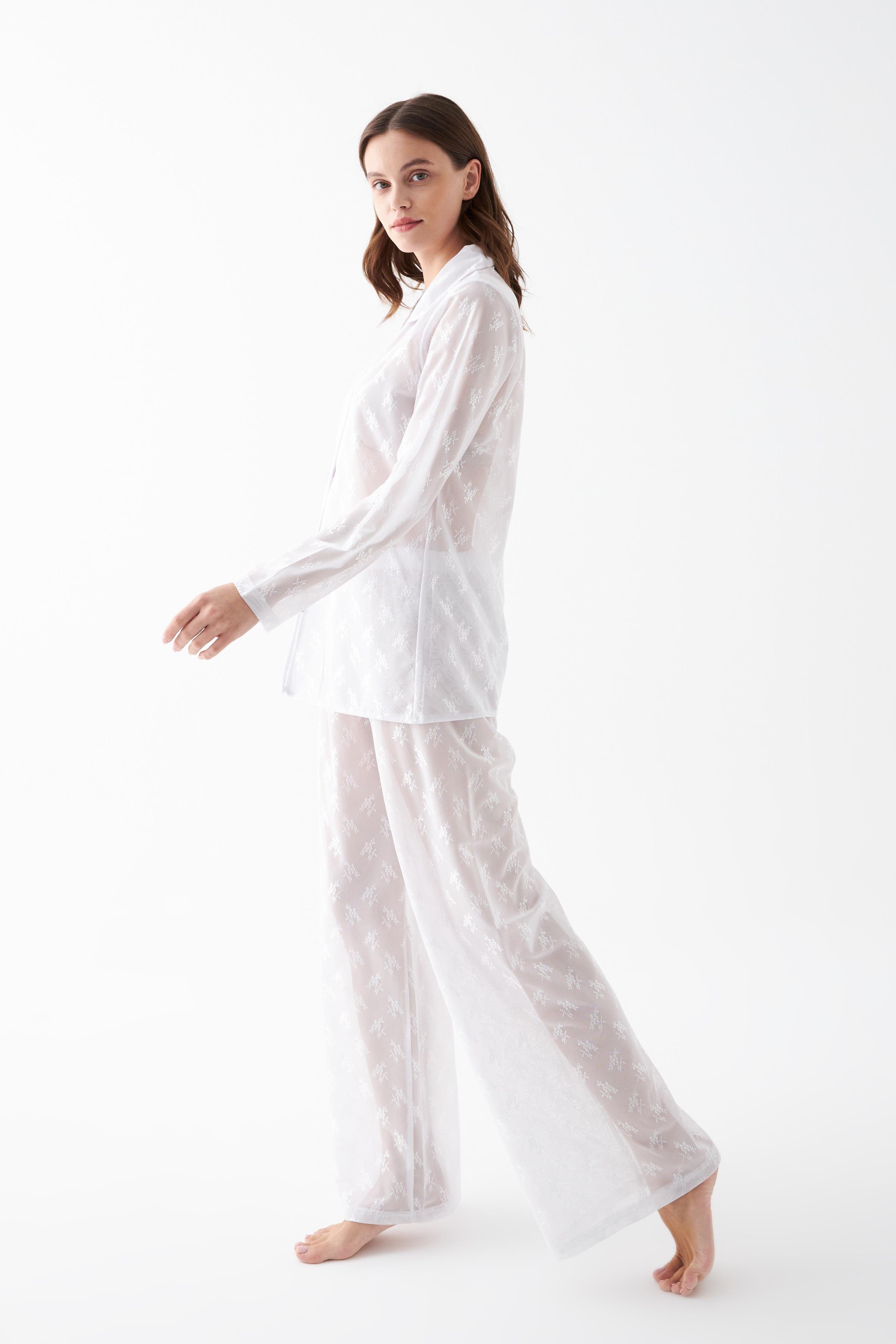 Akbeniz Kadın Beyaz Şeffaf Jakar Düğmeli Pijama Takımı