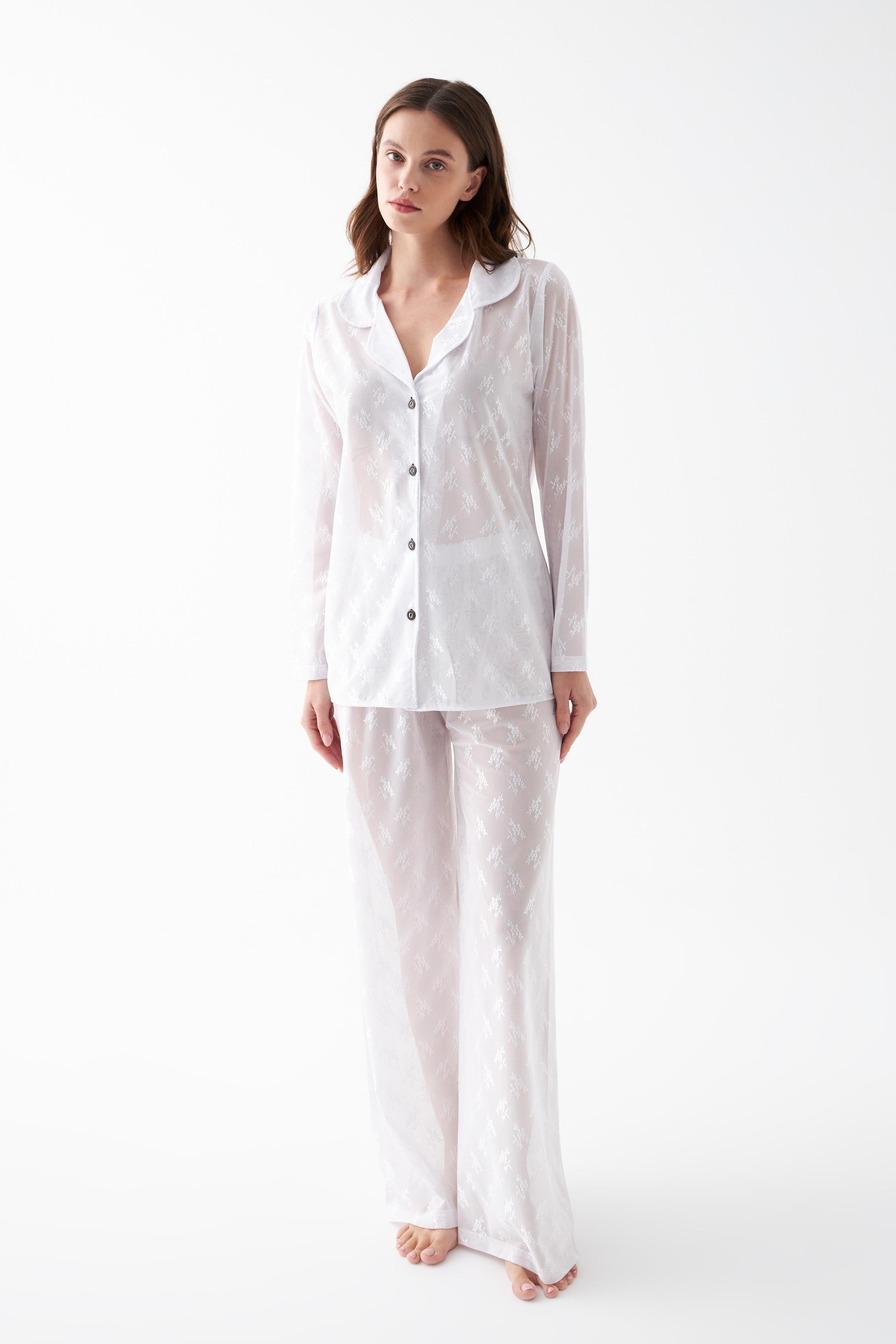Akbeniz Kadın Beyaz Şeffaf Jakar Düğmeli Pijama Takımı