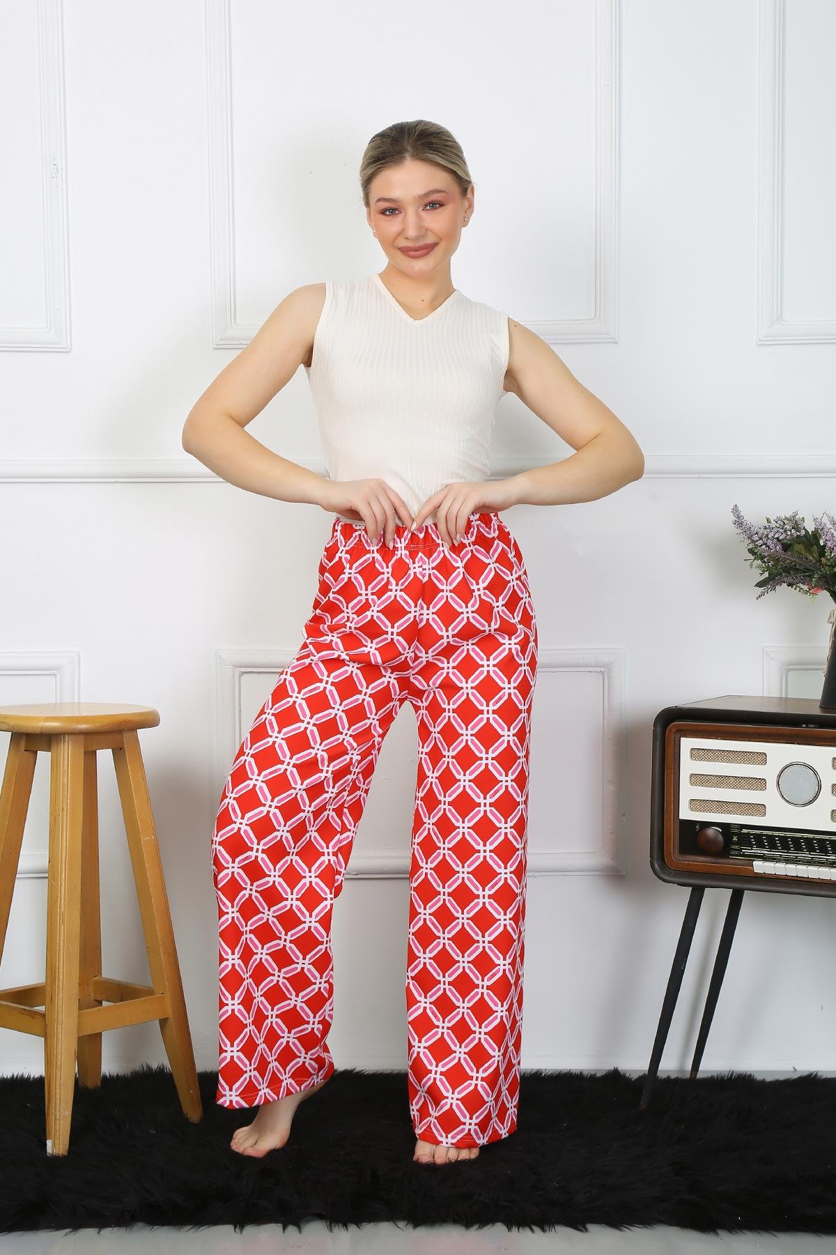 Akbeniz Kadın Bol Paça Penye Kırmızı Alt Üst Takım 5501