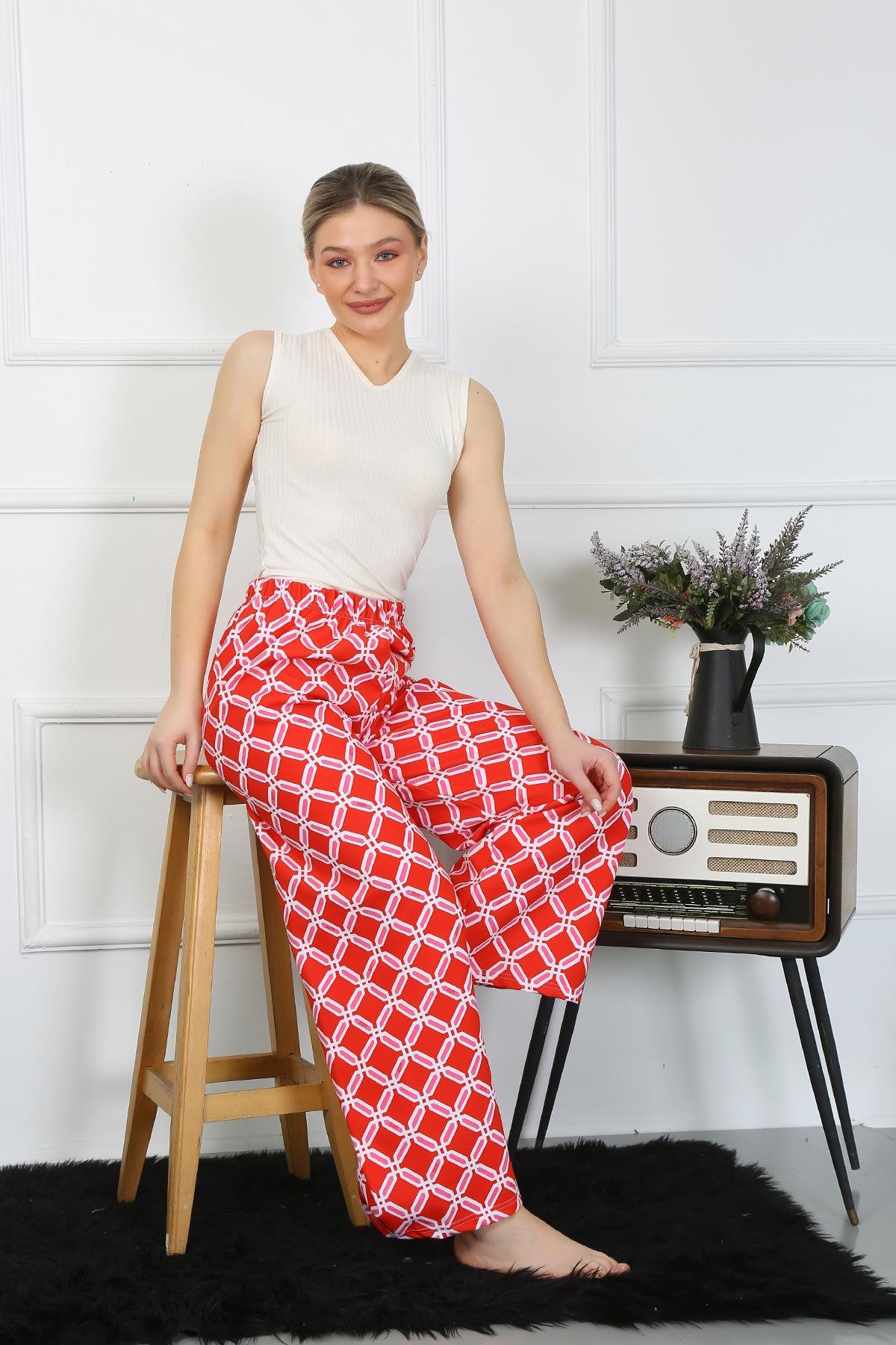 Akbeniz Kadın Bol Paça Penye Kırmızı Alt Üst Takım 5501