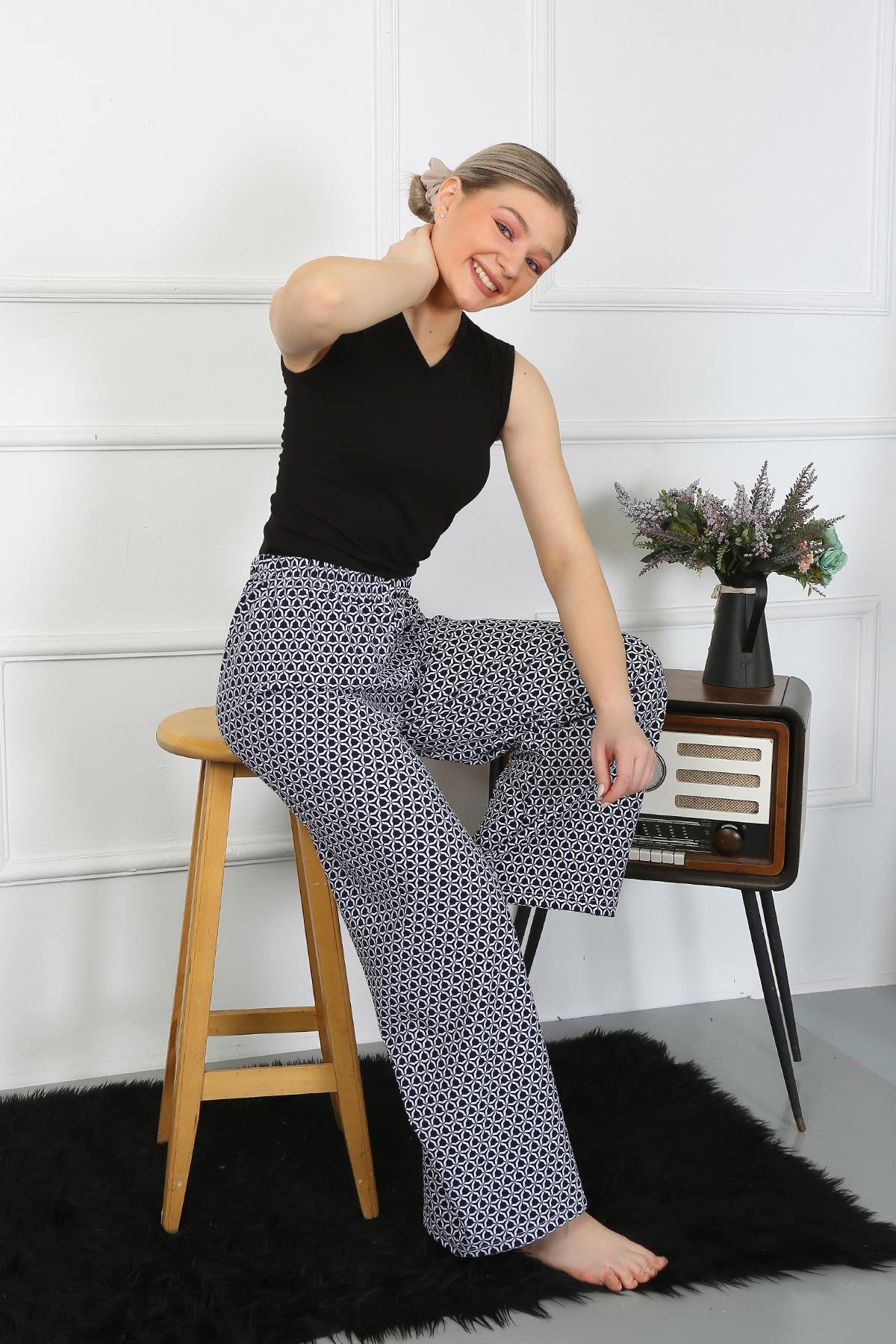 Akbeniz Kadın Bol Paça Penye Siyah Alt Üst Takım 5502