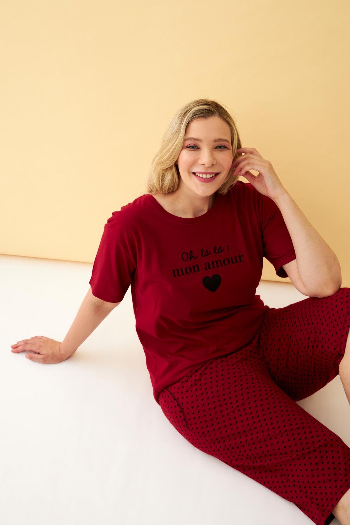 Akbeniz Kadın Bordo Kalp Desenli Büyük Beden Kapri Pijama Takımı