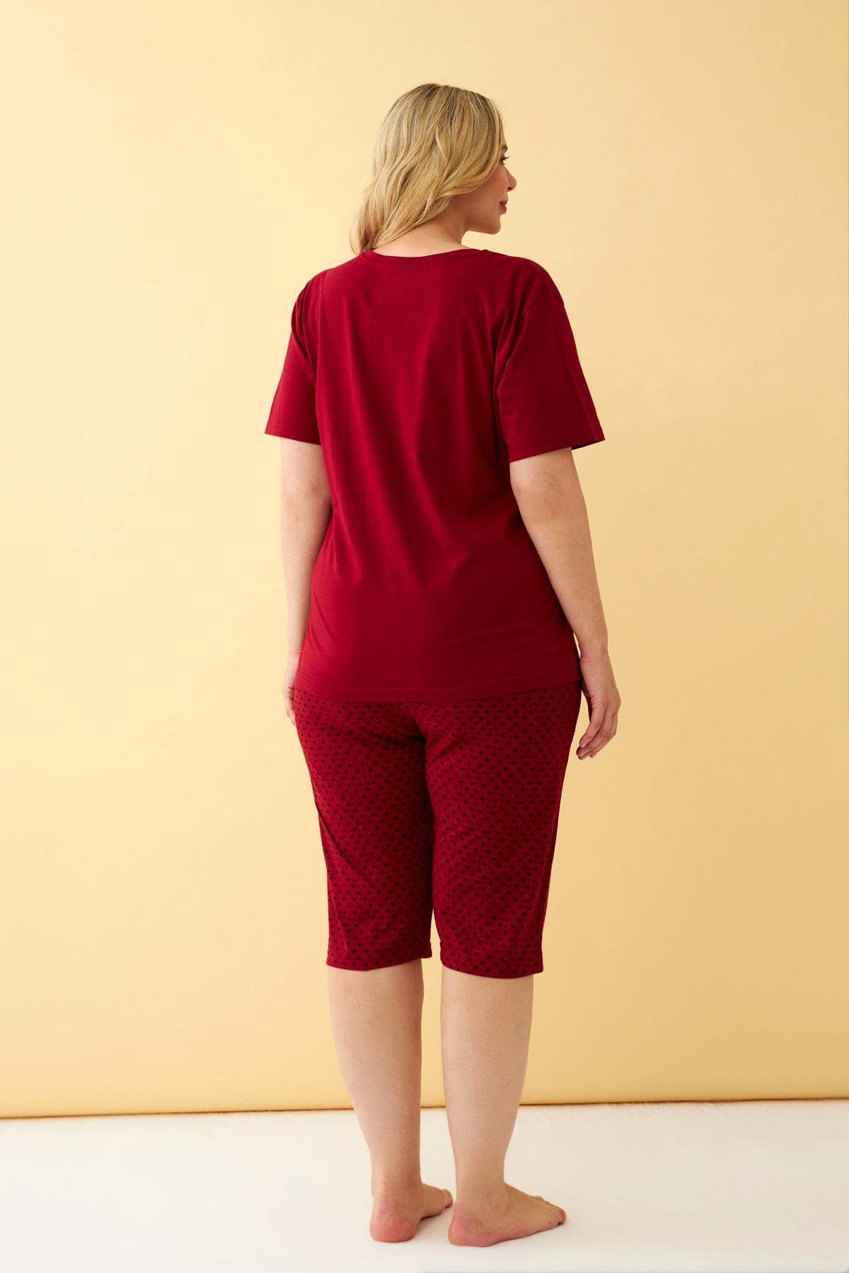 Akbeniz Kadın Bordo Kalp Desenli Büyük Beden Kapri Pijama Takımı