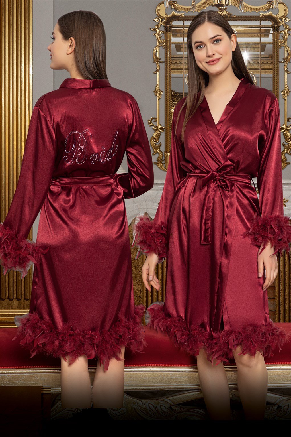 Akbeniz Kadın Bride Saten Tüylü Sabahlık 3001