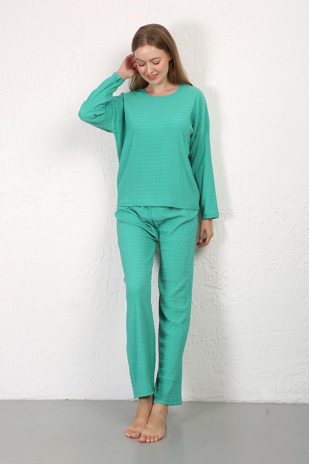 Akbeniz Kadın Bürümcük Kumaş Pijama Takım Yeşil 4233