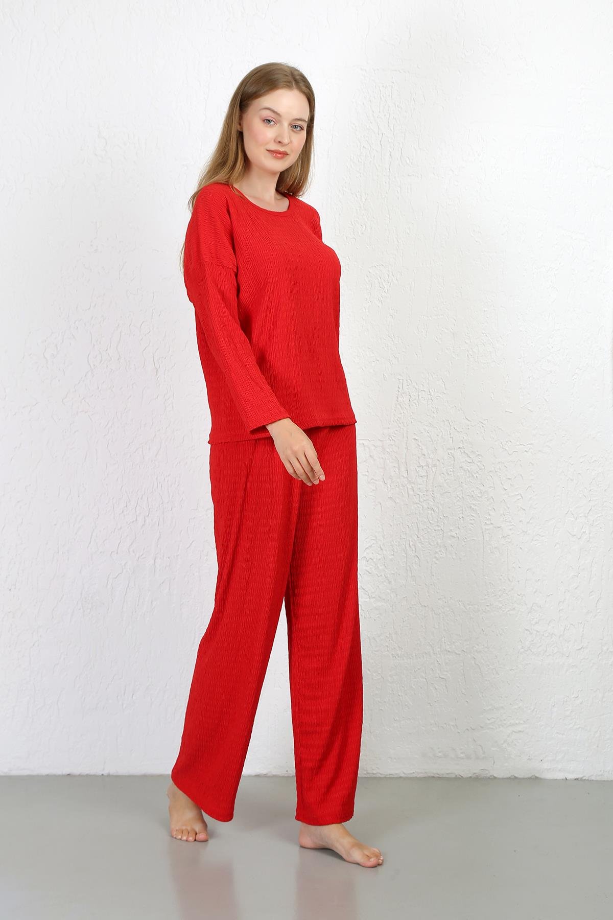 Akbeniz Kadın Bürümcük Kumaş Pijama Takım Kırmızı 4233