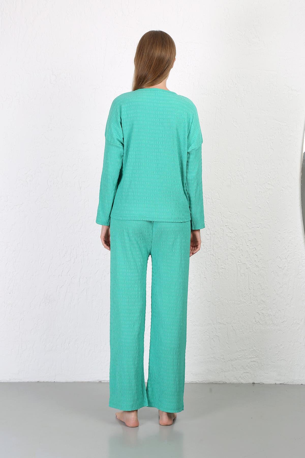 Akbeniz Kadın Bürümcük Kumaş Pijama Takım Yeşil 4233