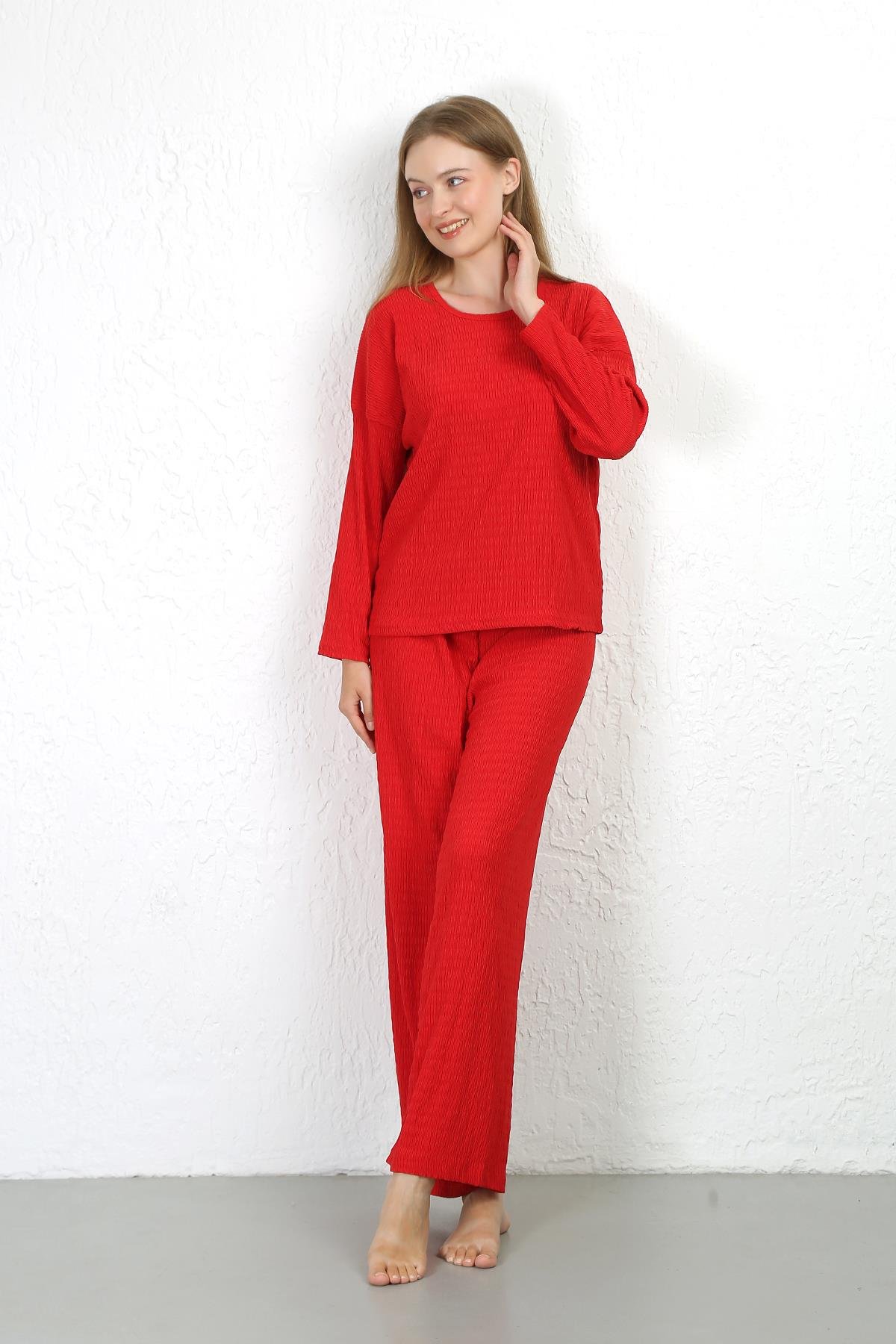 Akbeniz Kadın Bürümcük Kumaş Pijama Takım Kırmızı 4233