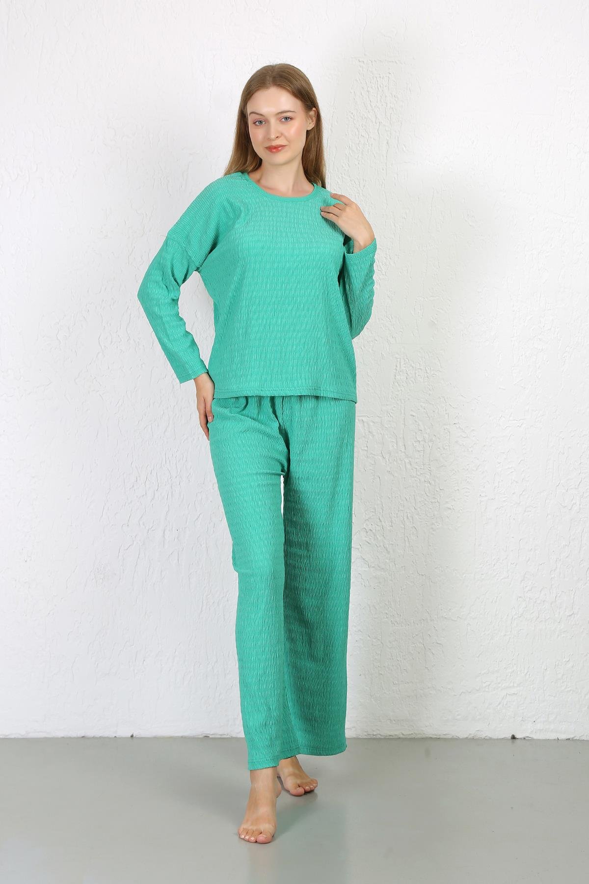 Akbeniz Kadın Bürümcük Kumaş Pijama Takım Yeşil 4233