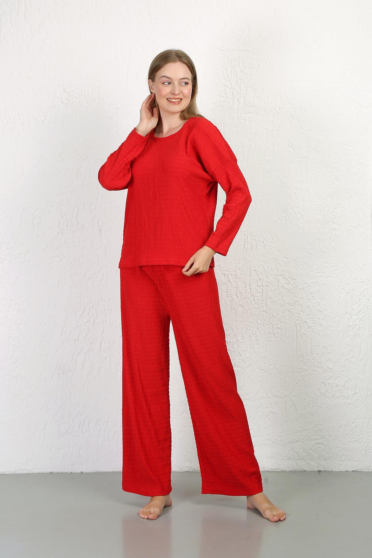 Akbeniz Kadın Bürümcük Kumaş Pijama Takım Kırmızı 4233