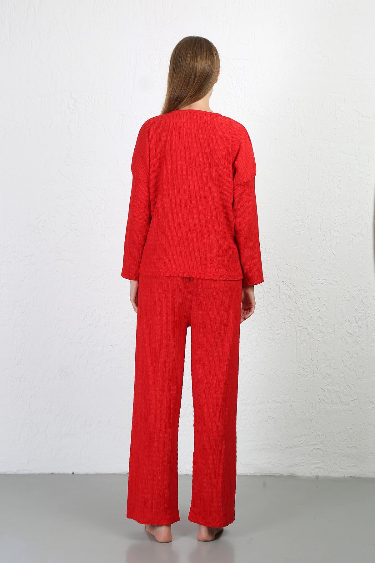 Akbeniz Kadın Bürümcük Kumaş Pijama Takım Kırmızı 4233