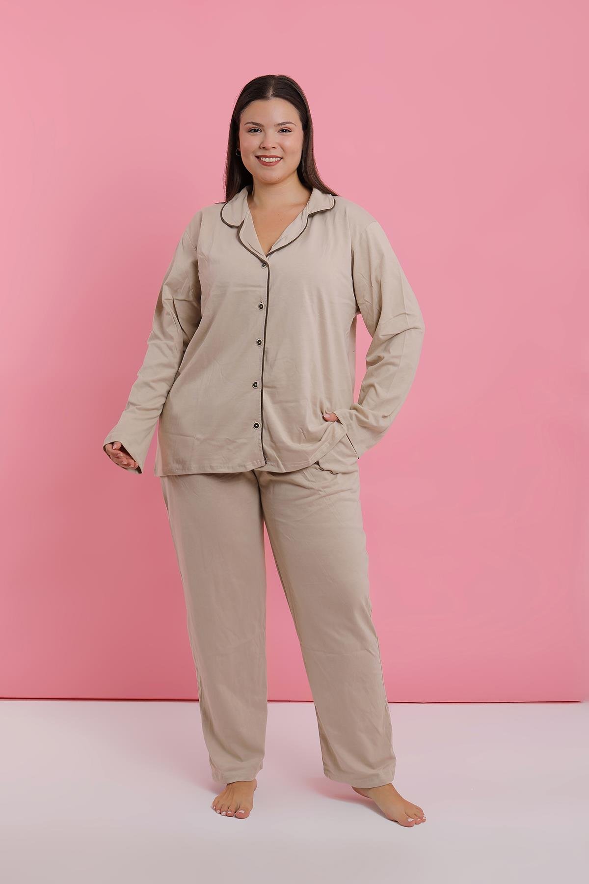Akbeniz Kadın Büyük Beden Bej Düğmeli Pijama Takımı