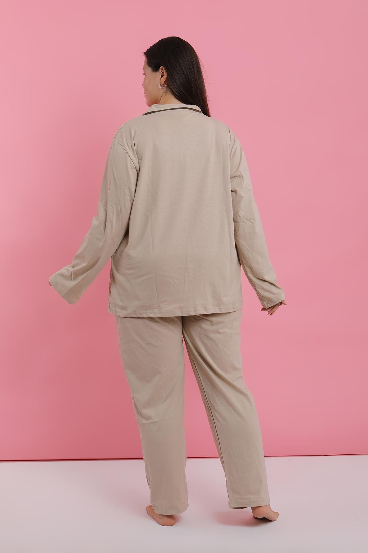 Akbeniz Kadın Büyük Beden Bej Düğmeli Pijama Takımı