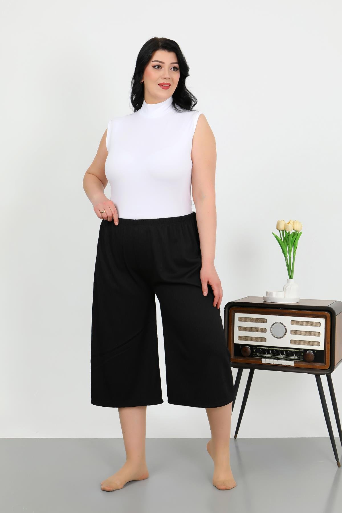 Akbeniz Kadın Büyük Beden Bürümcük Kapri 27561Siyah