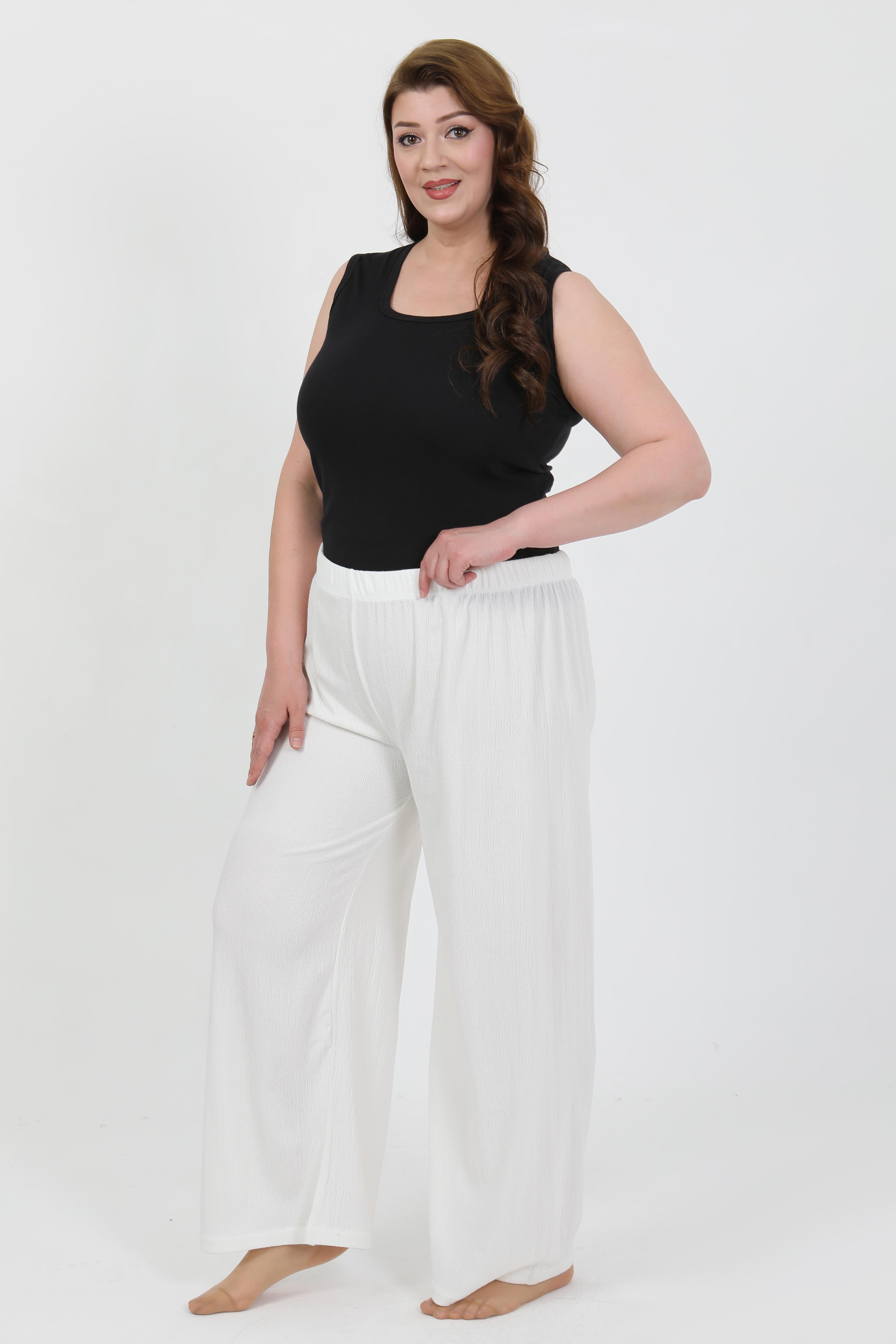 Akbeniz Kadın Büyük Beden Bürümcük Pantolon 210076 Beyaz