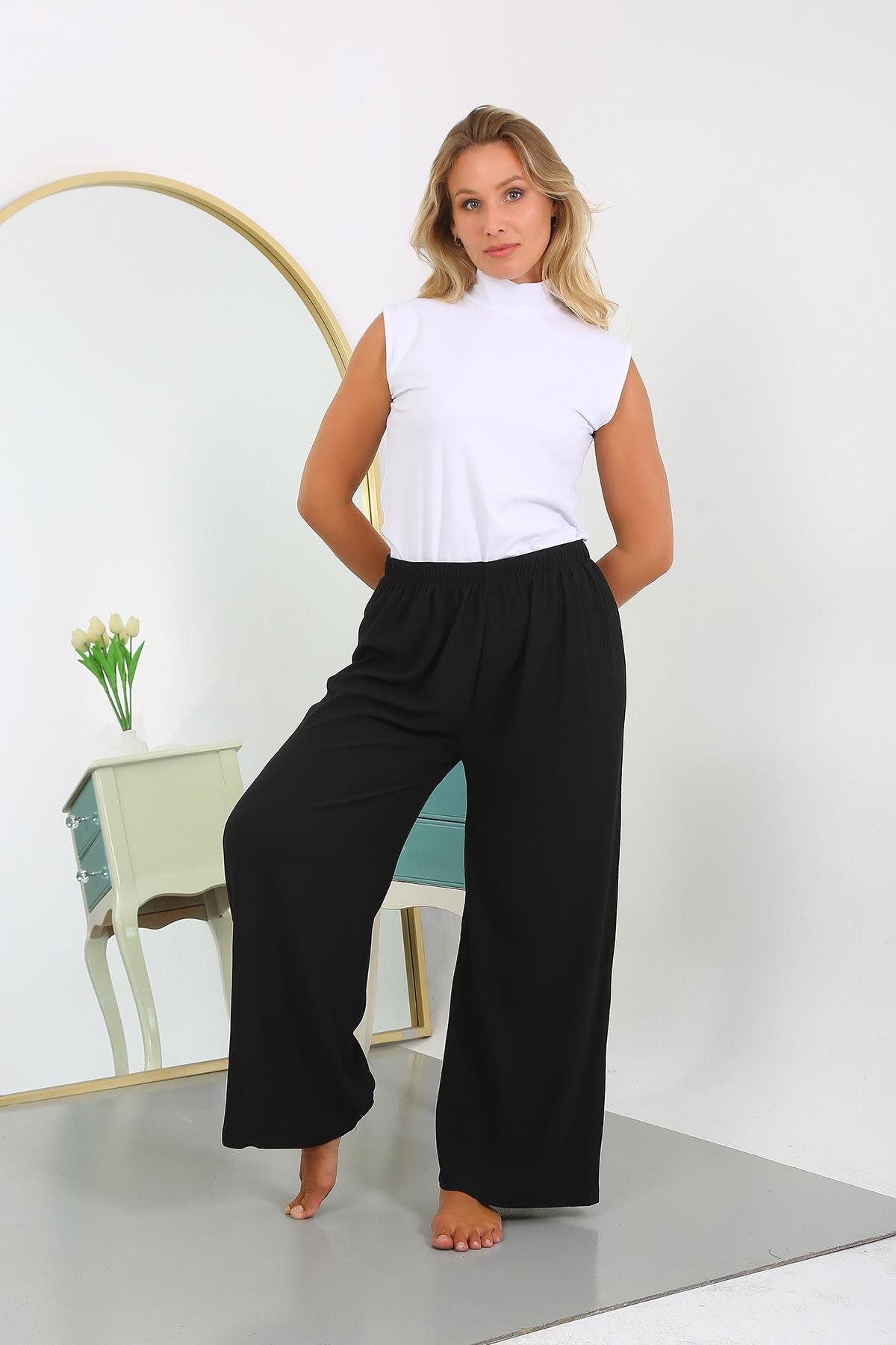 Akbeniz Kadın Büyük Beden Bürümcük Pantolon 210076 Siyah