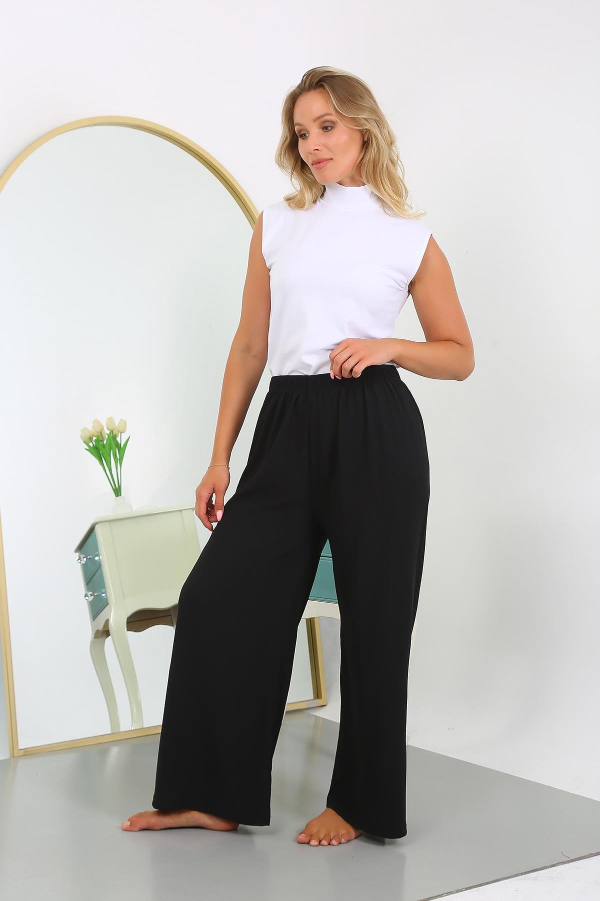 Akbeniz Kadın Büyük Beden Bürümcük Pantolon 210076 Siyah