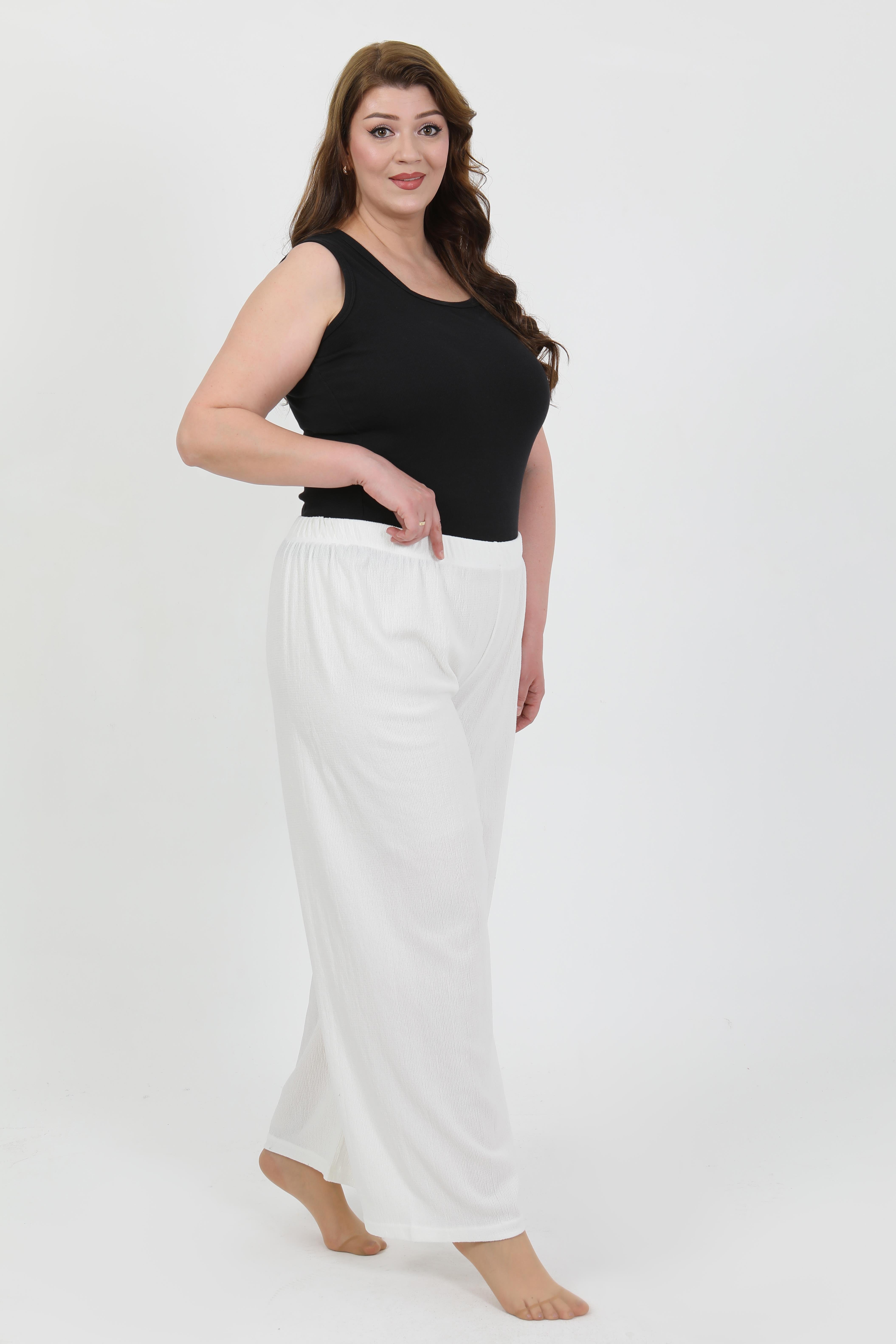 Akbeniz Kadın Büyük Beden Bürümcük Pantolon 210076 Beyaz