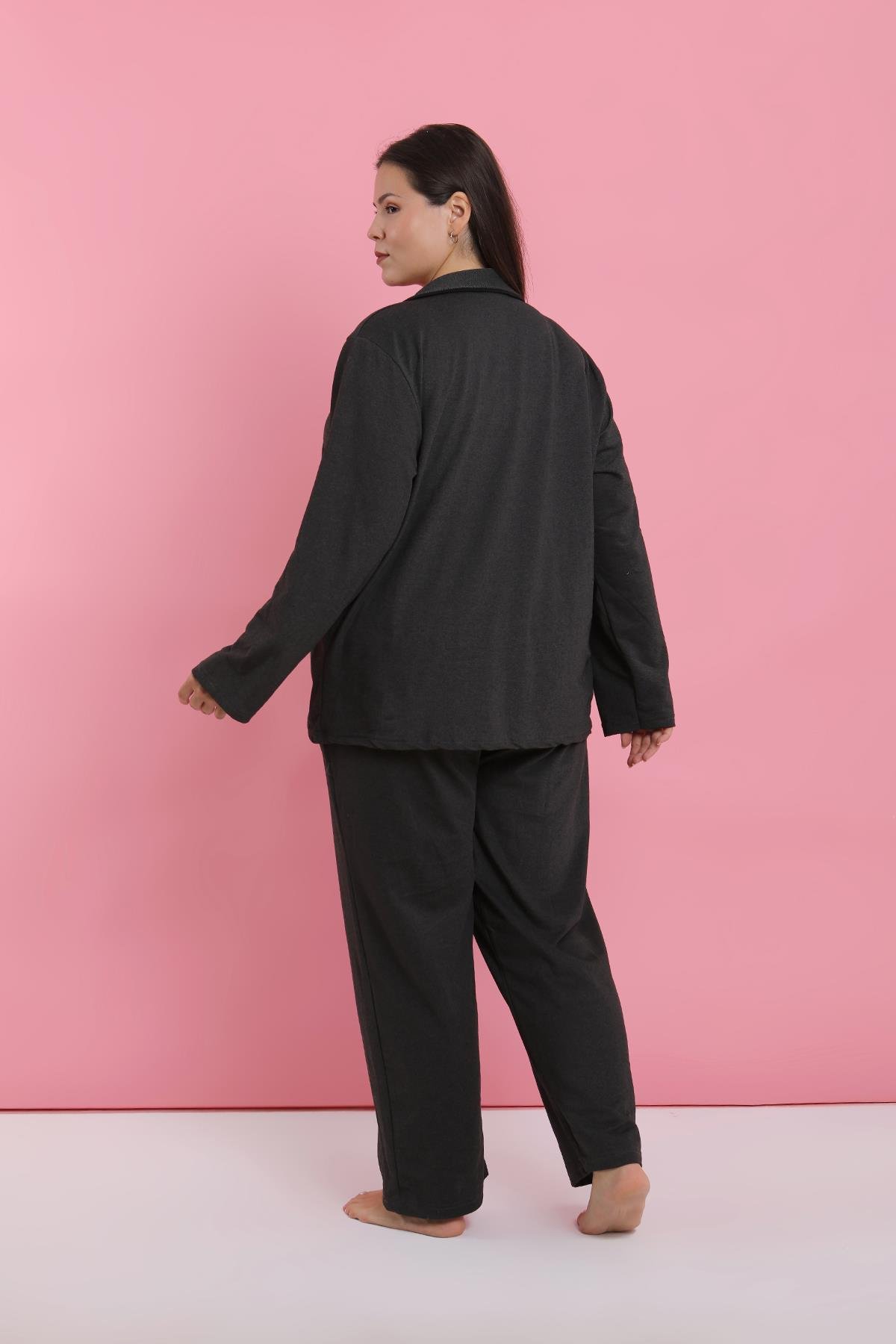 Akbeniz Kadın Büyük Beden Füme Düğmeli Pijama Takımı