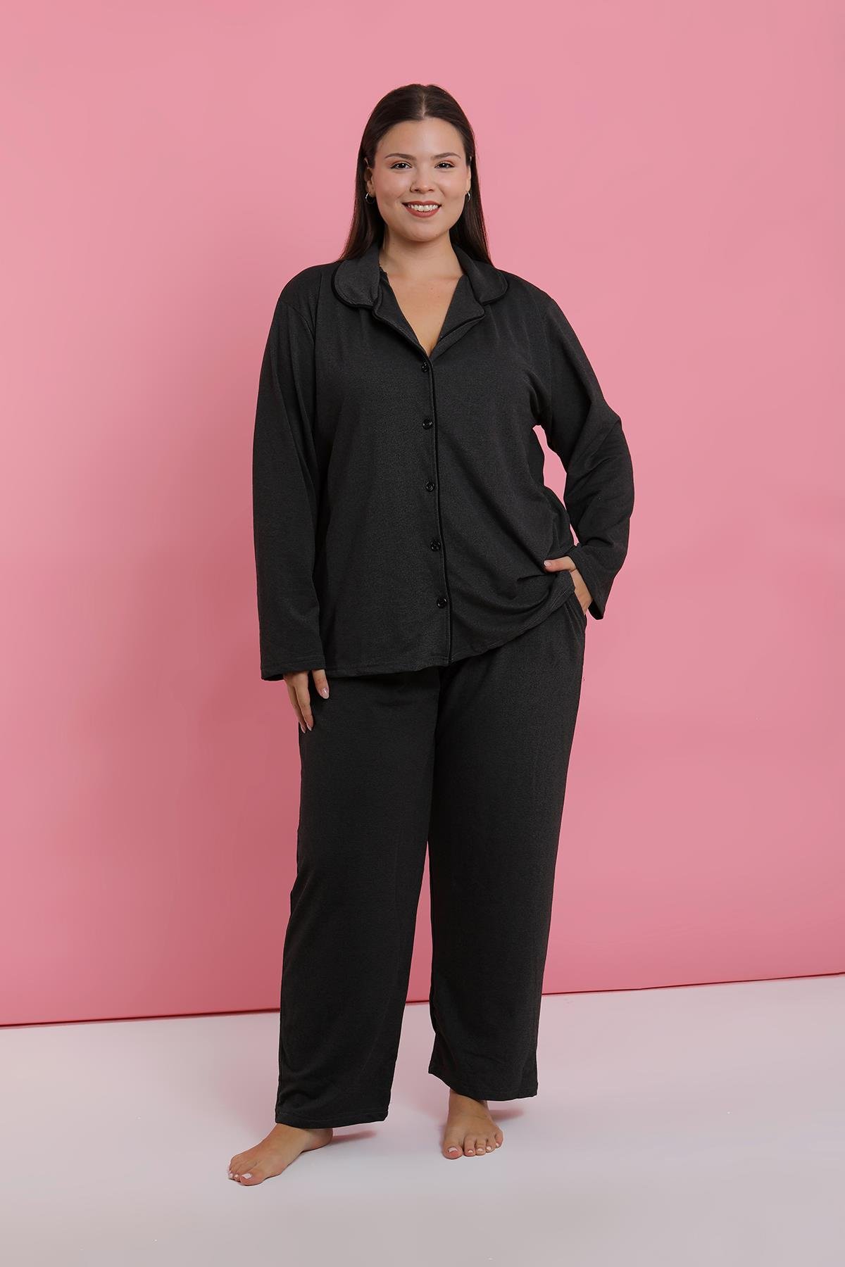 Akbeniz Kadın Büyük Beden Füme Düğmeli Pijama Takımı