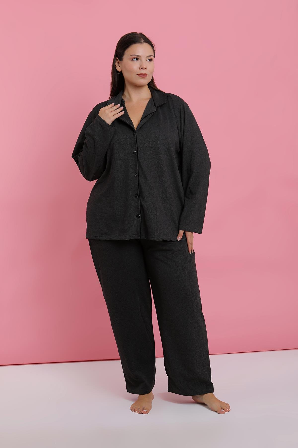 Akbeniz Kadın Büyük Beden Füme Düğmeli Pijama Takımı