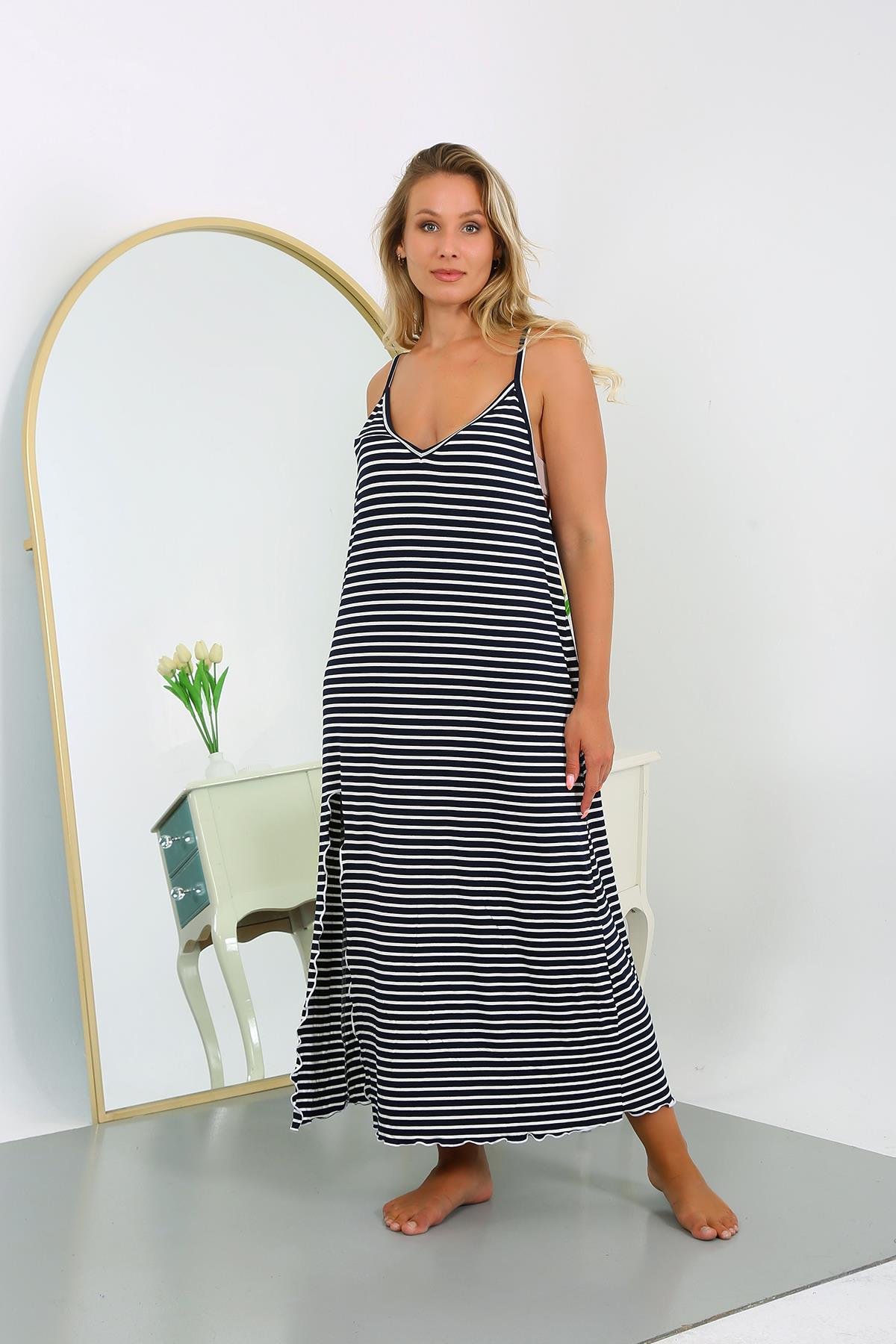 Akbeniz Kadın Büyük Beden İp Askılı Pamuklu Uzun Gecelik 12107