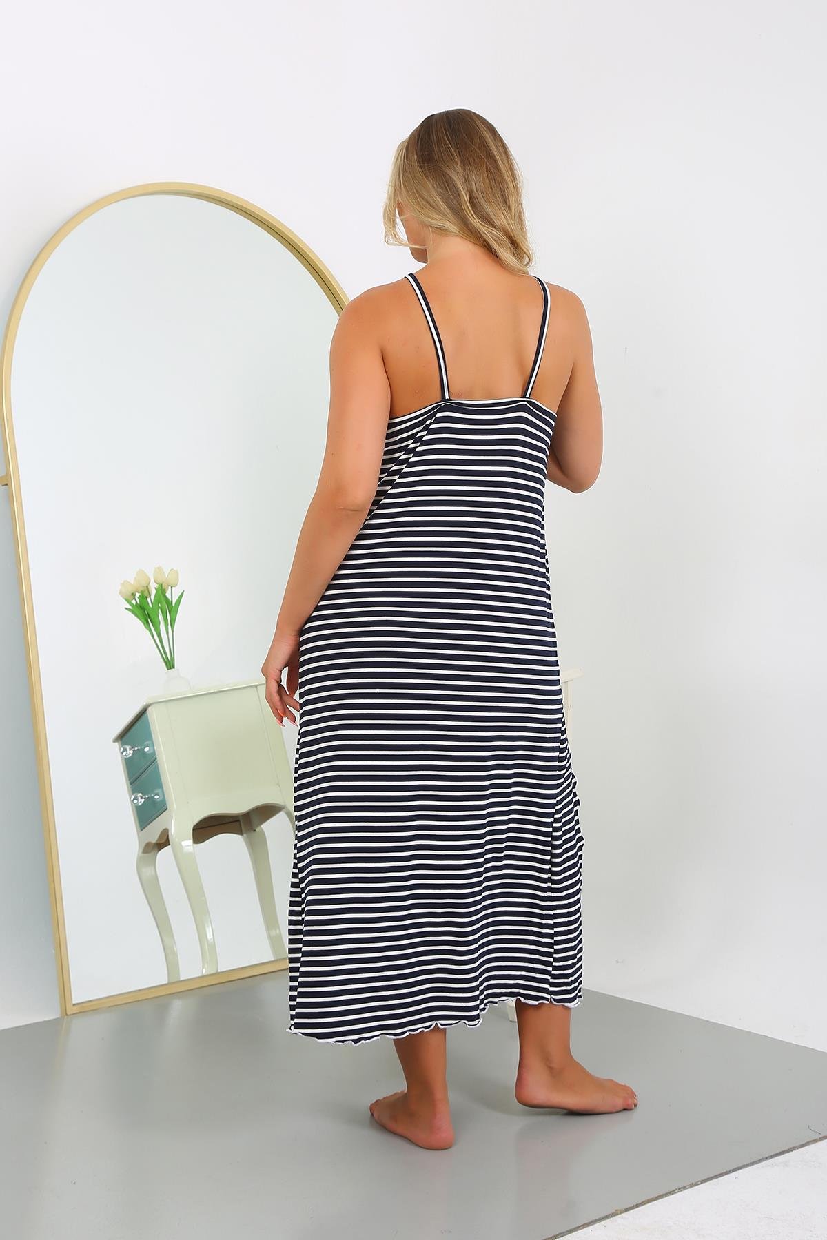 Akbeniz Kadın Büyük Beden İp Askılı Pamuklu Uzun Gecelik 12107