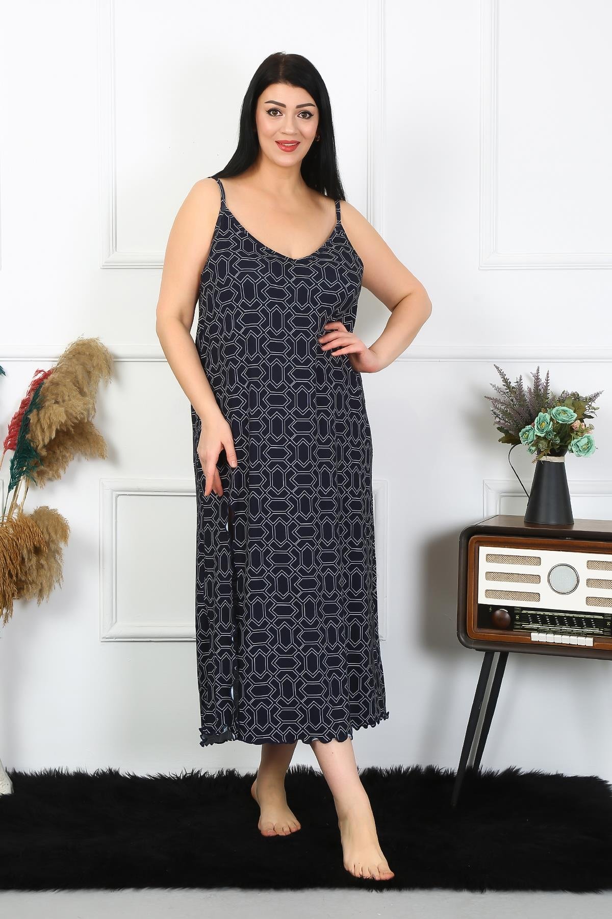 Akbeniz Kadın Büyük Beden İp Askılı Pamuklu Turuncu Uzun Gecelik 12101