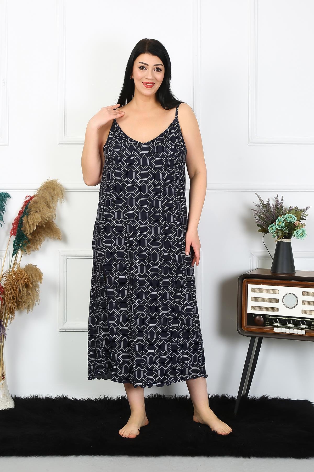 Akbeniz Kadın Büyük Beden İp Askılı Pamuklu Turuncu Uzun Gecelik 12101